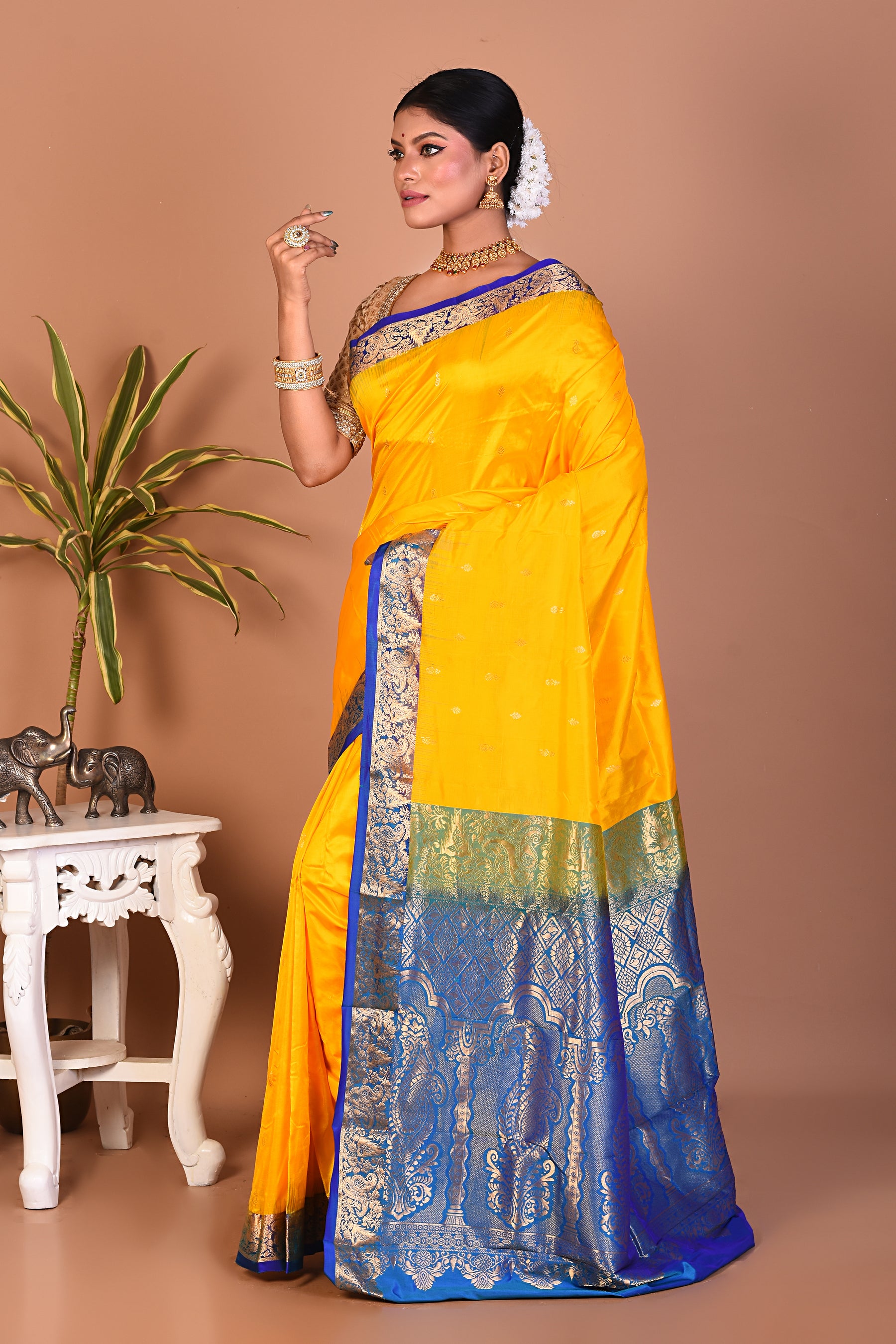 Yellow with Blue Borders Pure Kanjivaram Saree - Keya Seth Exclusive