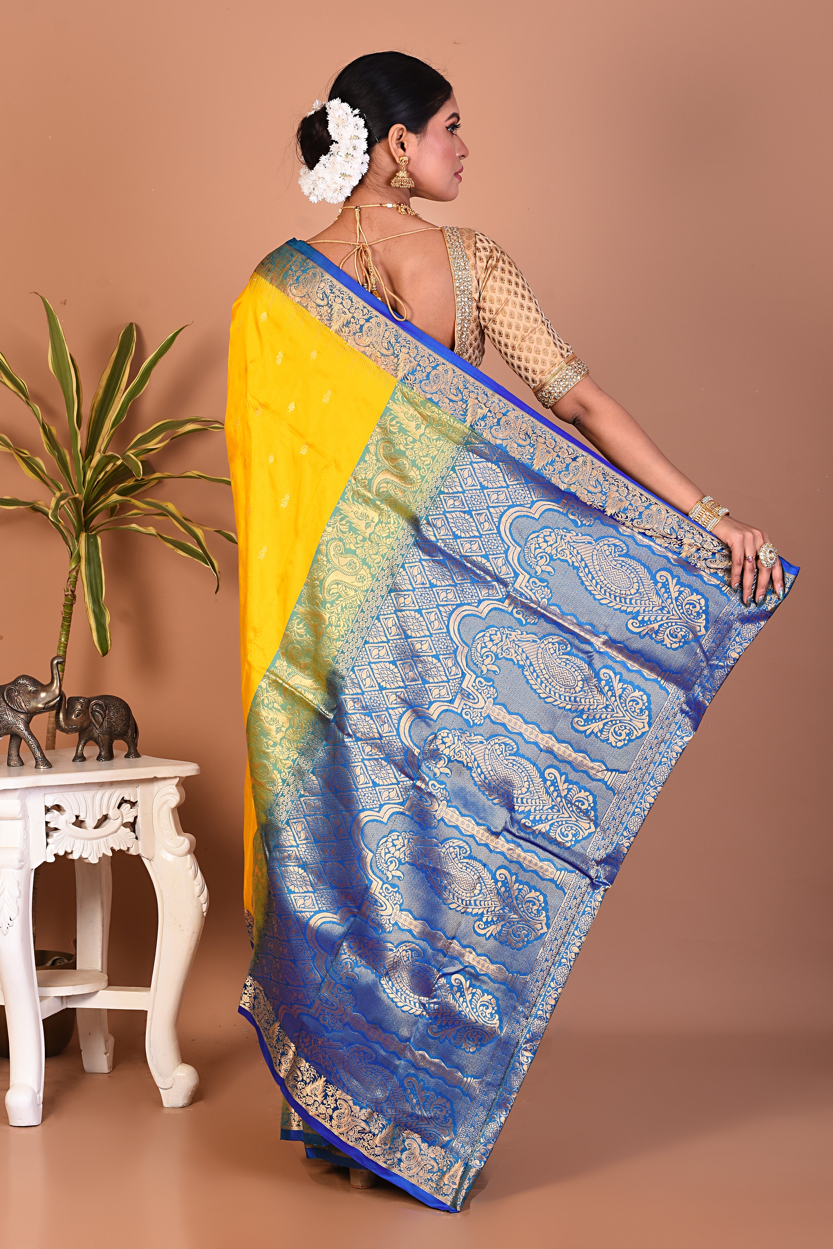 Yellow with Blue Borders Pure Kanjivaram Saree - Keya Seth Exclusive