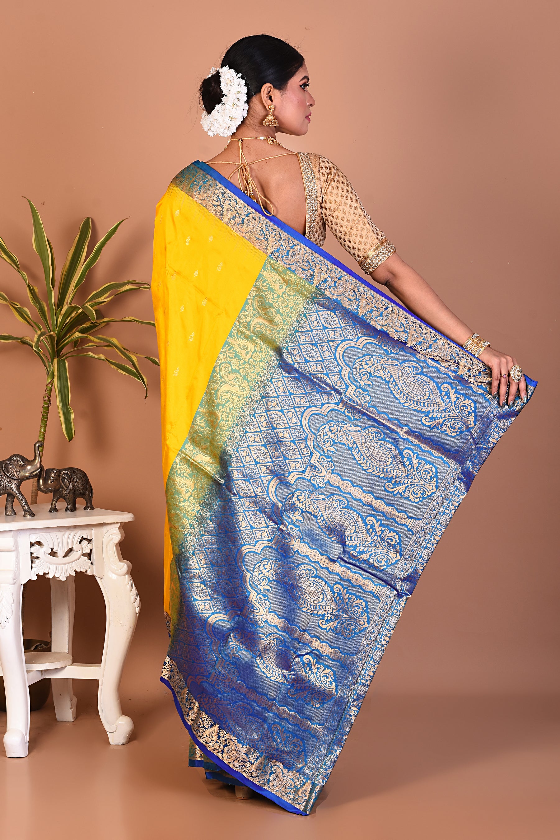 Yellow with Blue Borders Pure Kanjivaram Saree - Keya Seth Exclusive