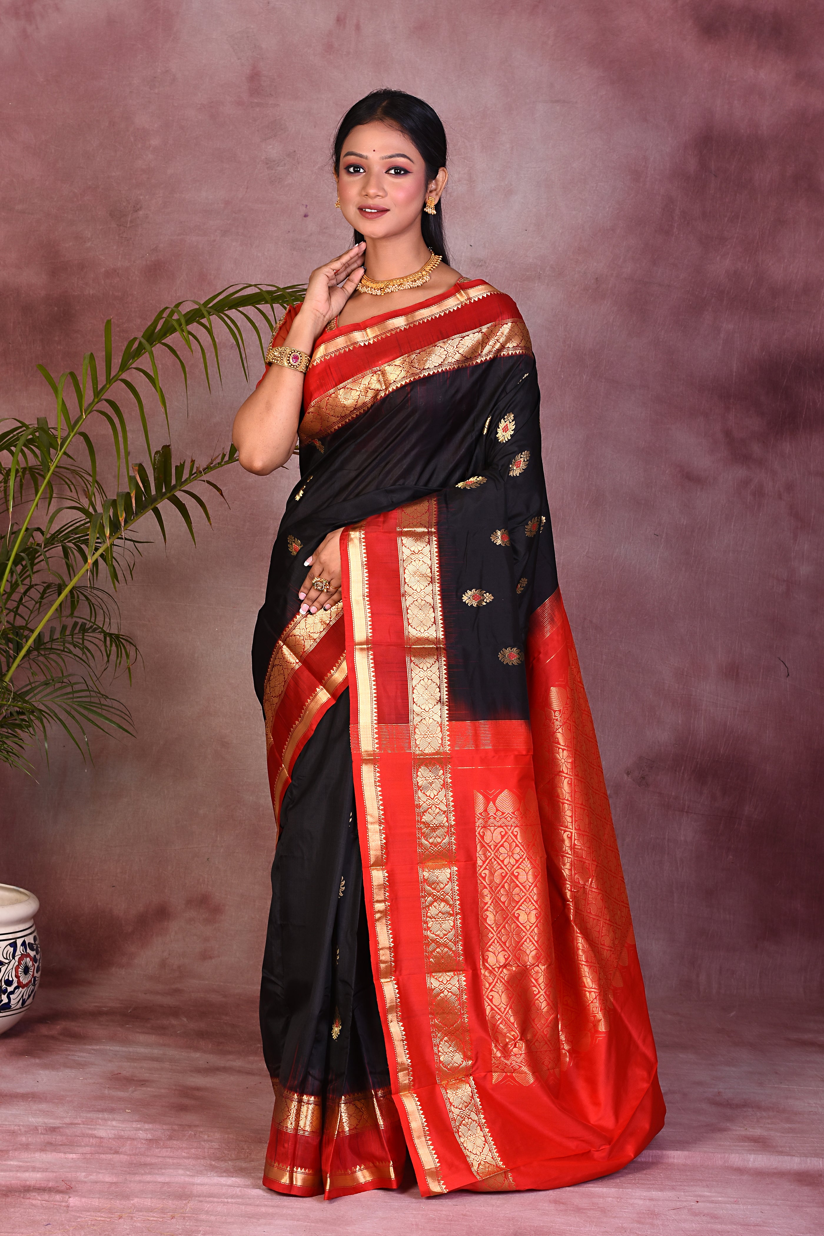 Black with Red Borders Pure Kanjivaram Saree - Keya Seth Exclusive