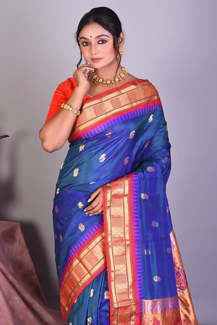 Blue Dual Tone Pure Paithani Saree with Golden Zari - Keya Seth Exclusive