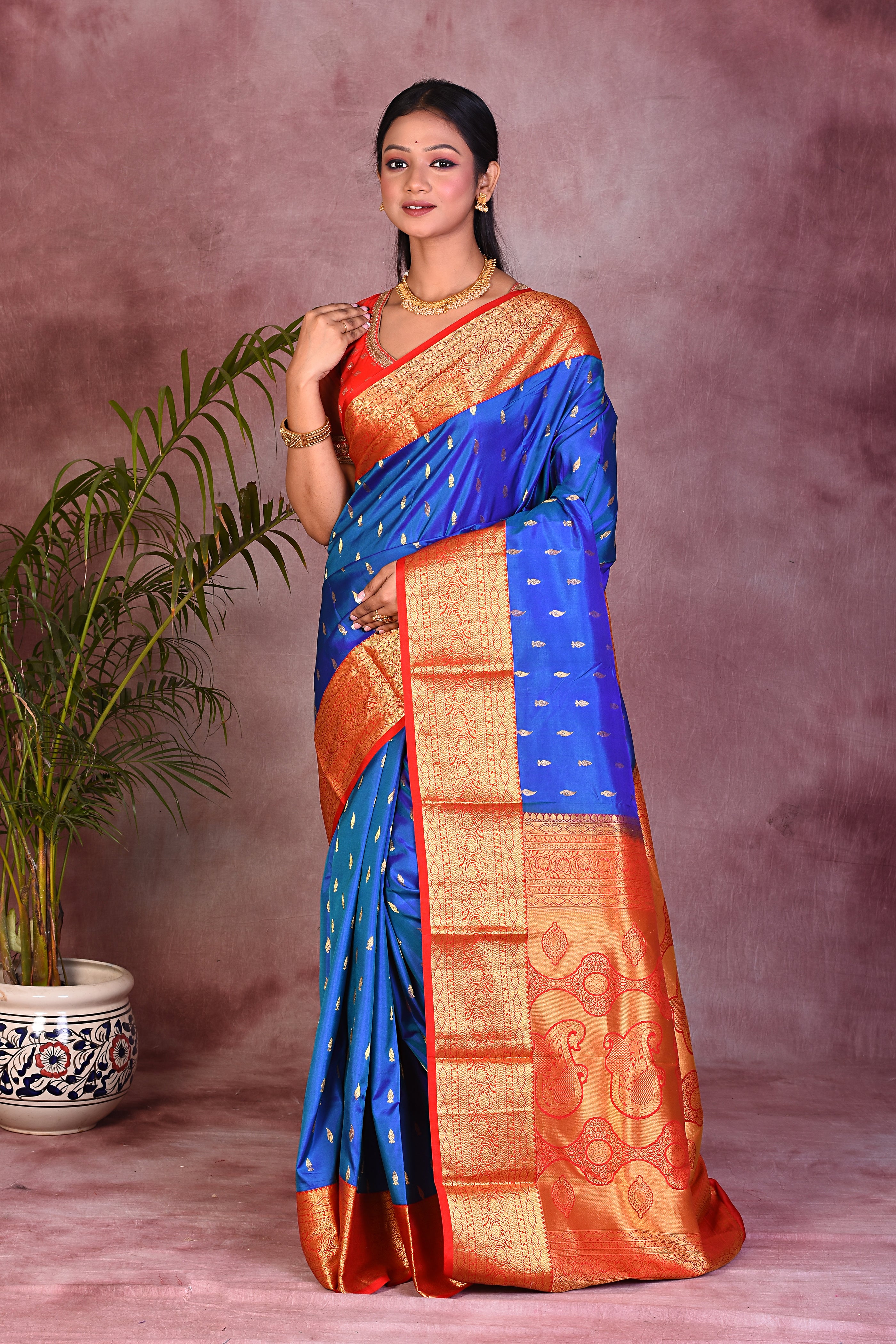 Royal Blue Dual Tone with Red Borders Pure Kanjivaram Saree - Keya Seth Exclusive