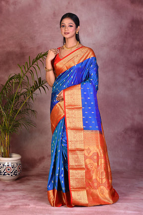 Royal Blue Dual Tone with Red Borders Pure Kanjivaram Saree - Keya Seth Exclusive
