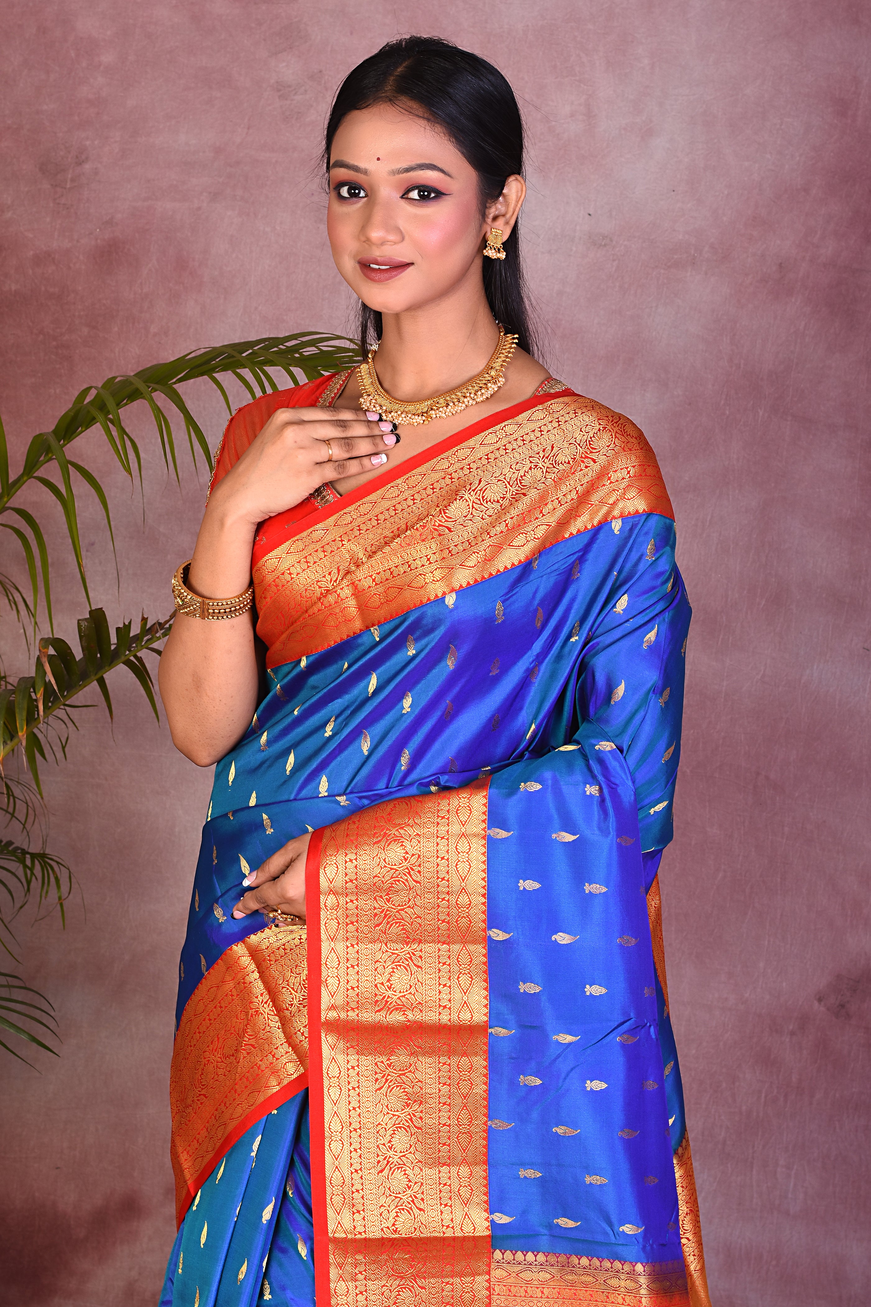 Royal Blue Dual Tone with Red Borders Pure Kanjivaram Saree - Keya Seth Exclusive