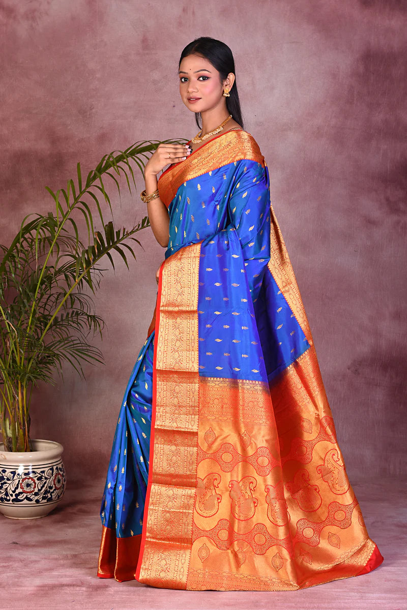 Royal Blue Dual Tone with Red Borders Pure Kanjivaram Saree - Keya Seth Exclusive