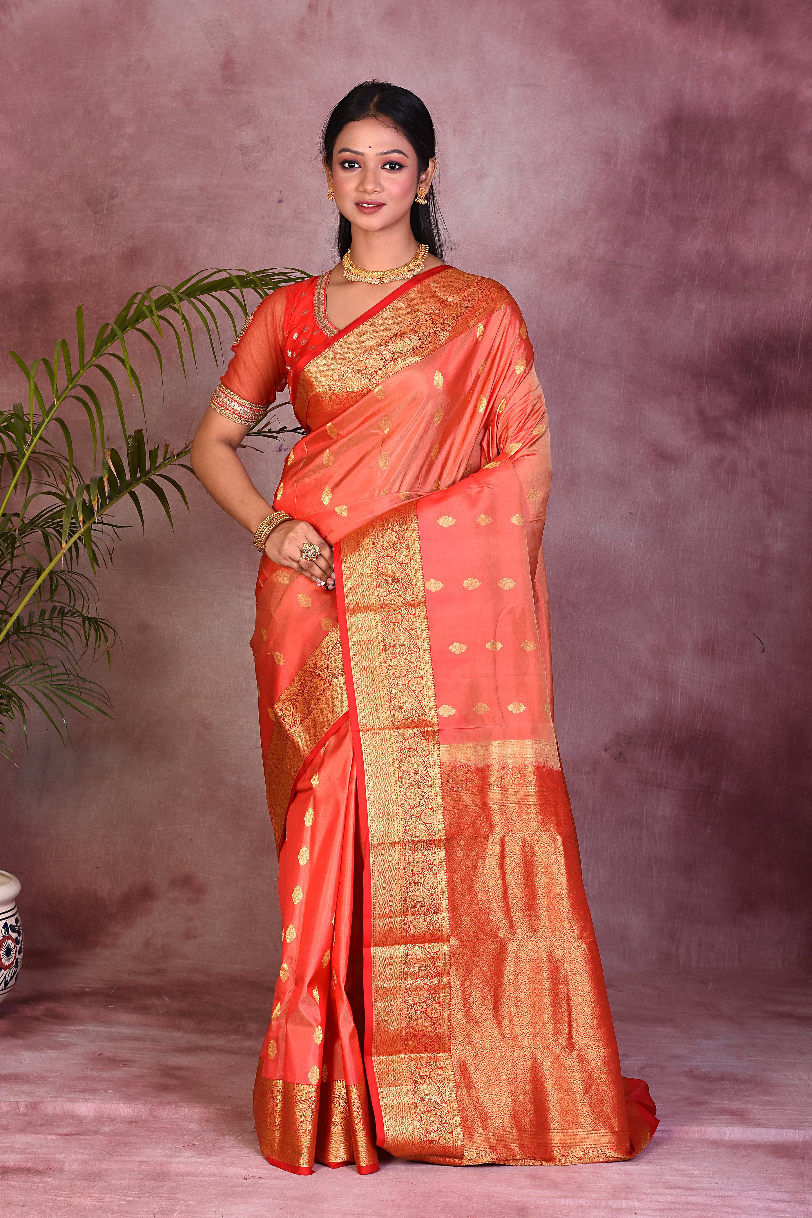 Peach Dual Tone with Red Borders Pure Kanjivaram Saree - Keya Seth Exclusive