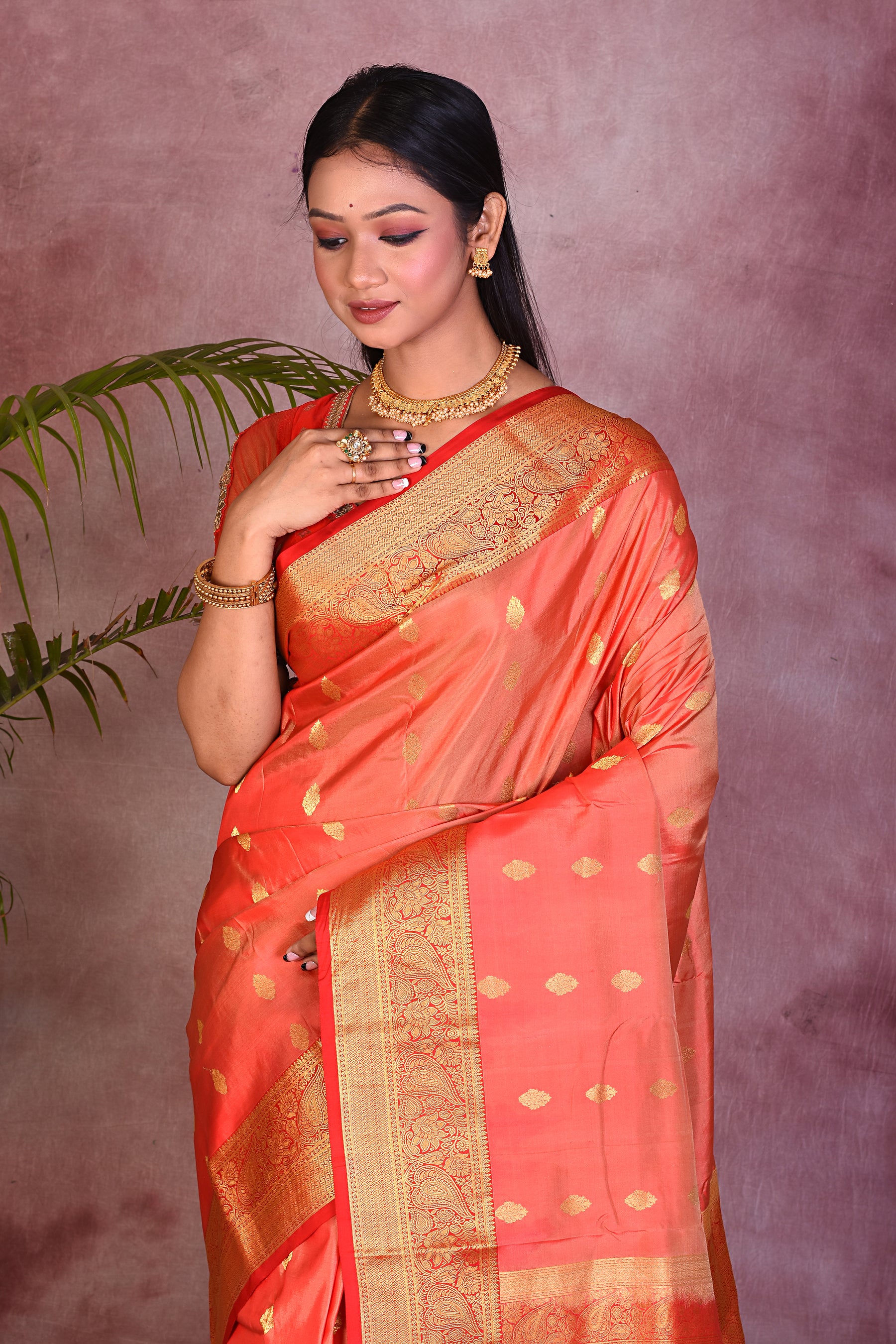 Peach Dual Tone with Red Borders Pure Kanjivaram Saree - Keya Seth Exclusive