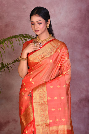 Peach Dual Tone with Red Borders Pure Kanjivaram Saree - Keya Seth Exclusive