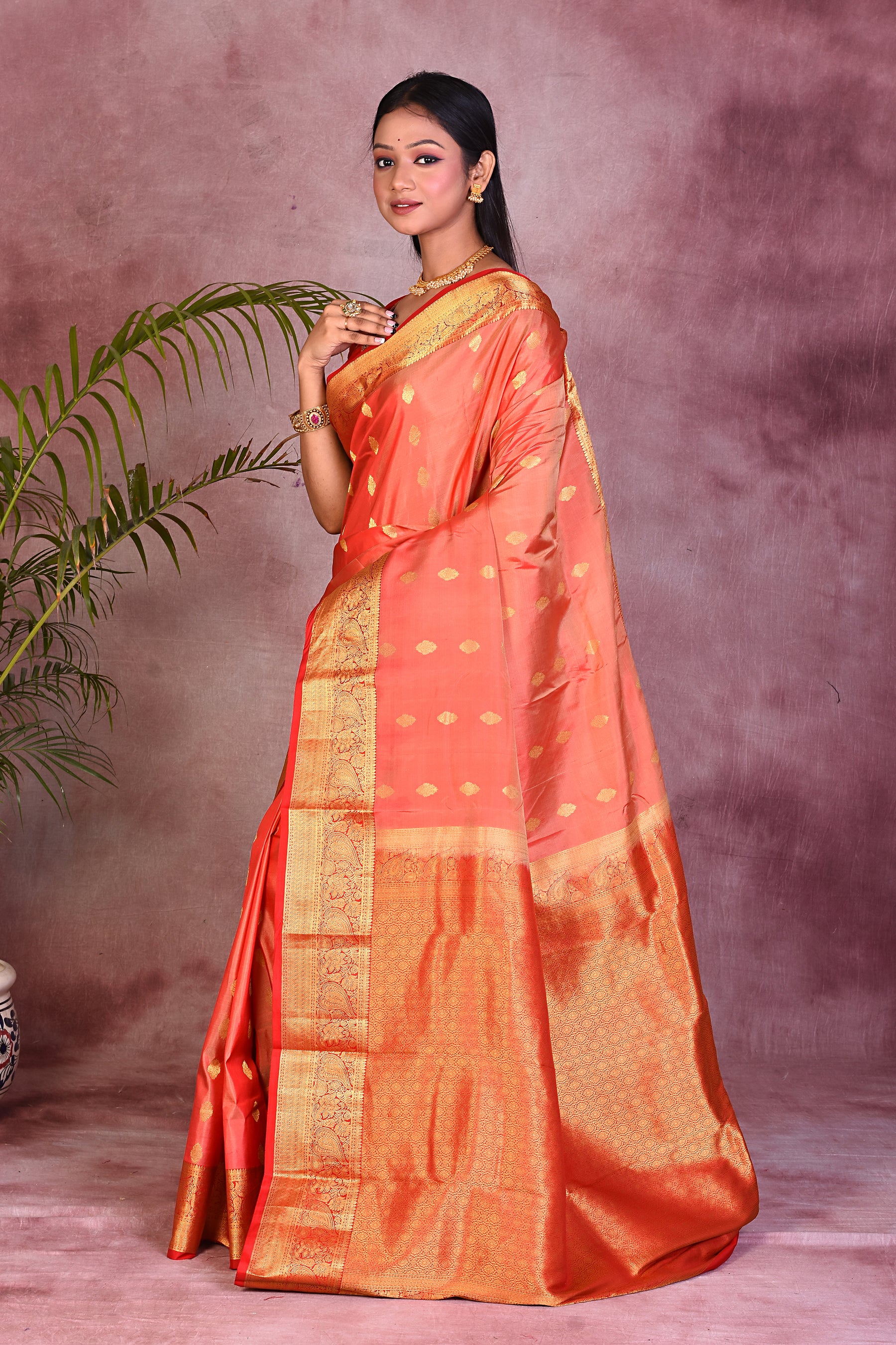 Peach Dual Tone with Red Borders Pure Kanjivaram Saree - Keya Seth Exclusive