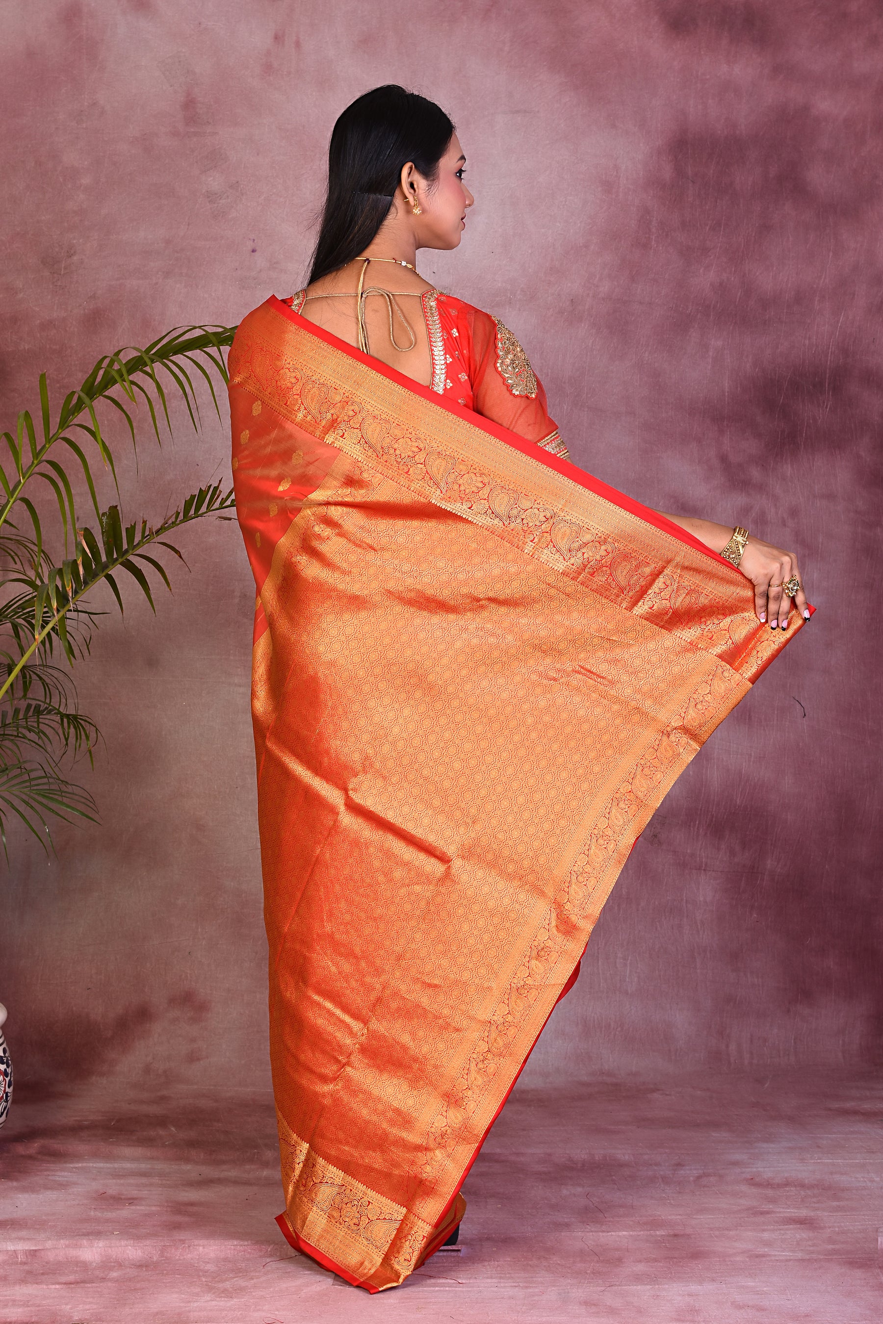 Peach Dual Tone with Red Borders Pure Kanjivaram Saree - Keya Seth Exclusive