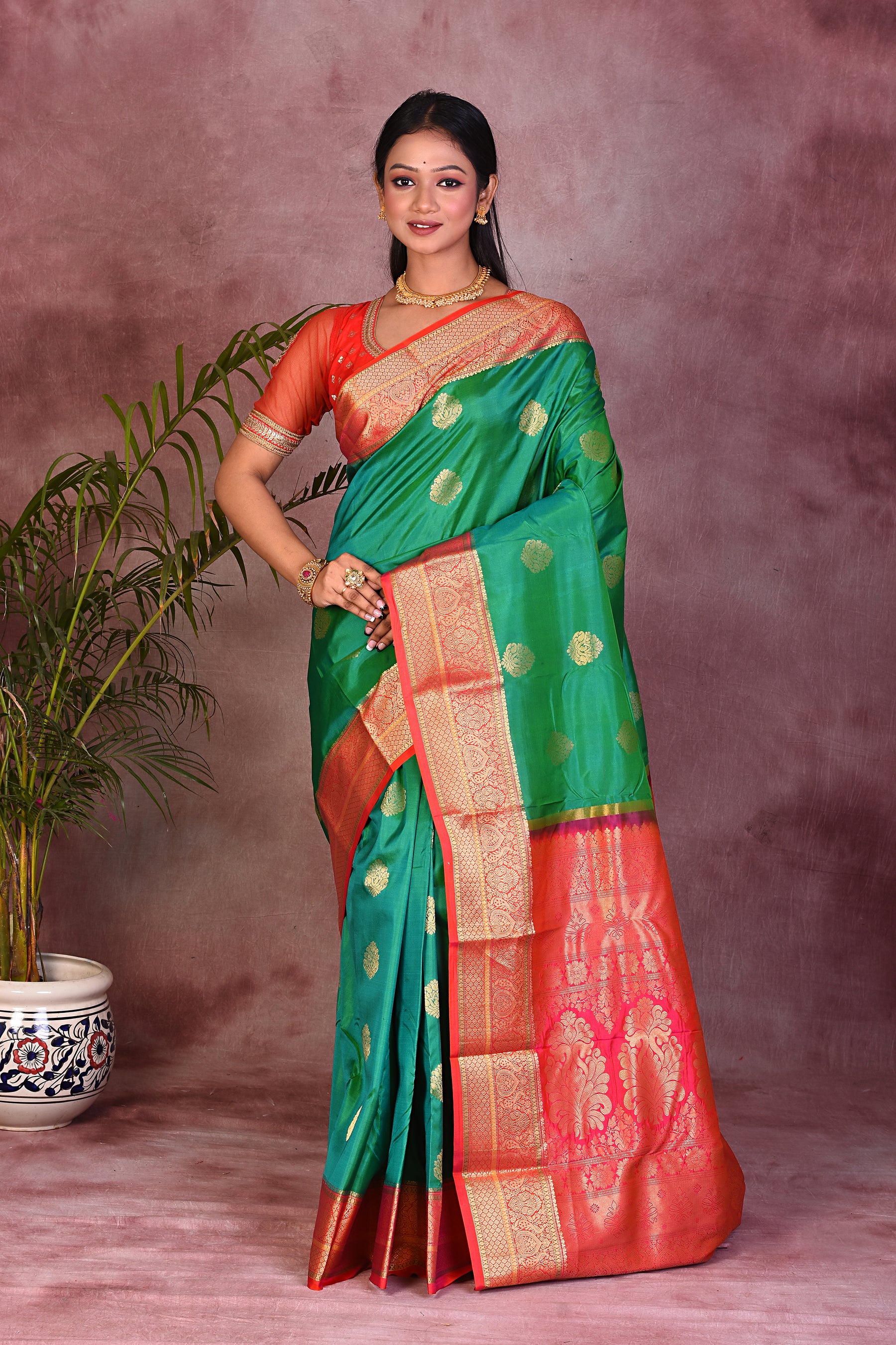 Bottle Green Dual Tone with Red Borders Pure Kanjivaram Saree - Keya Seth Exclusive