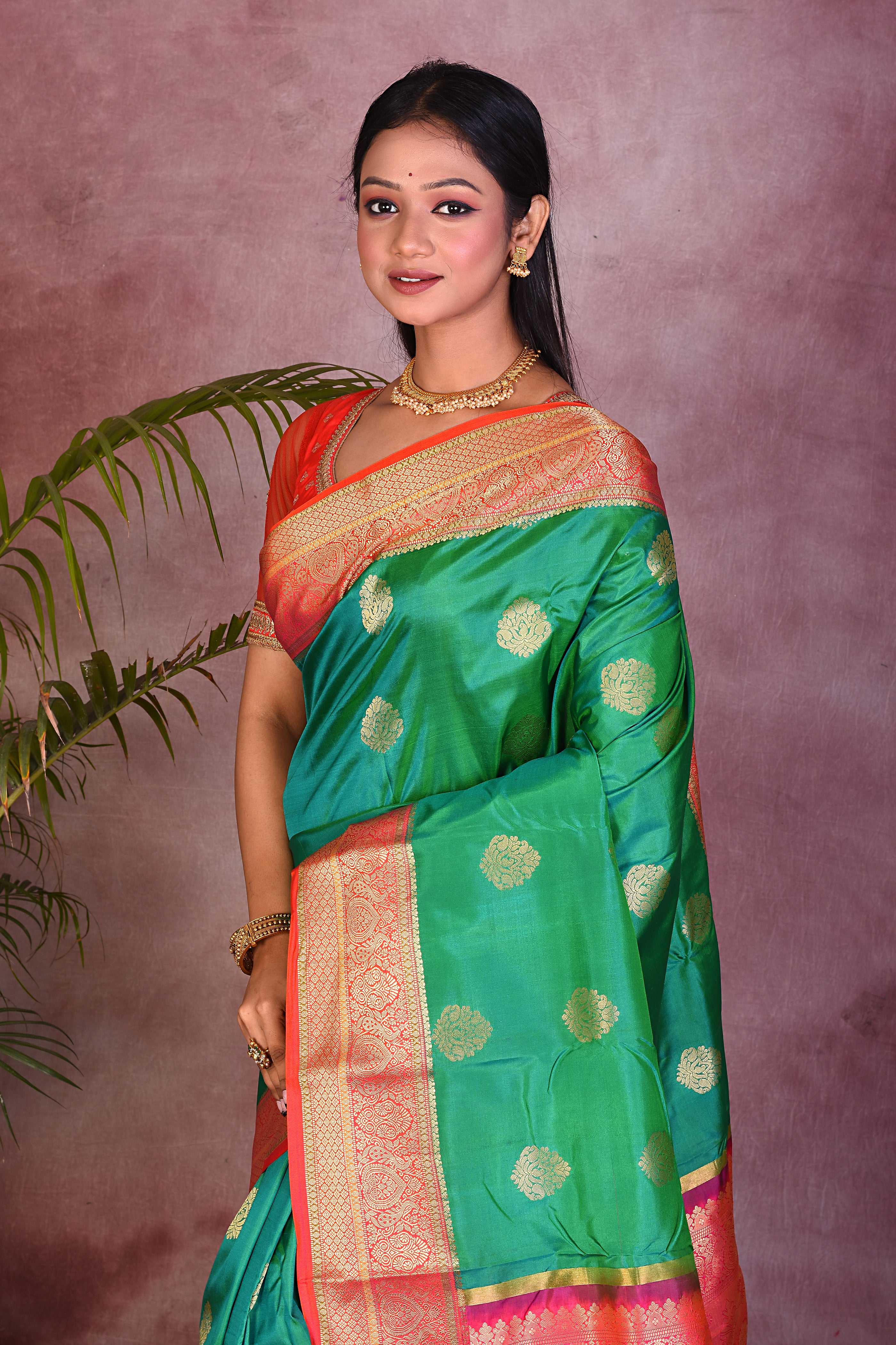 Bottle Green Dual Tone with Red Borders Pure Kanjivaram Saree - Keya Seth Exclusive