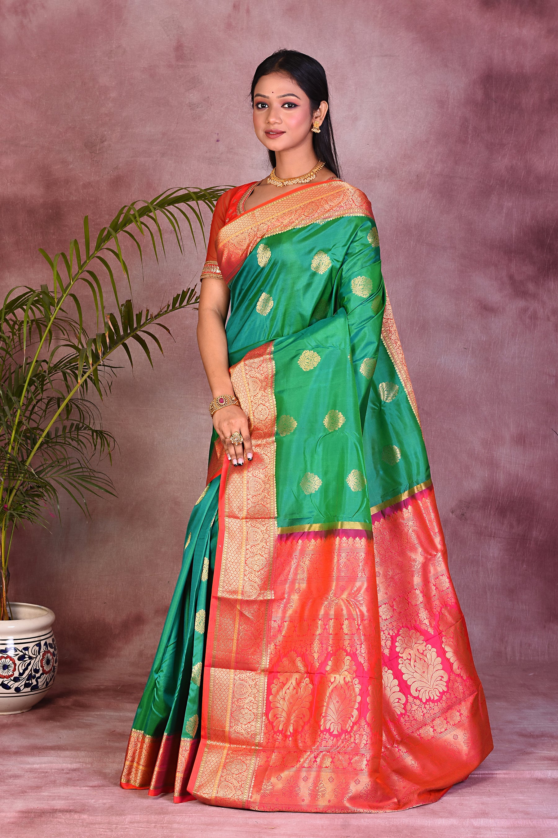 Bottle Green Dual Tone with Red Borders Pure Kanjivaram Saree - Keya Seth Exclusive