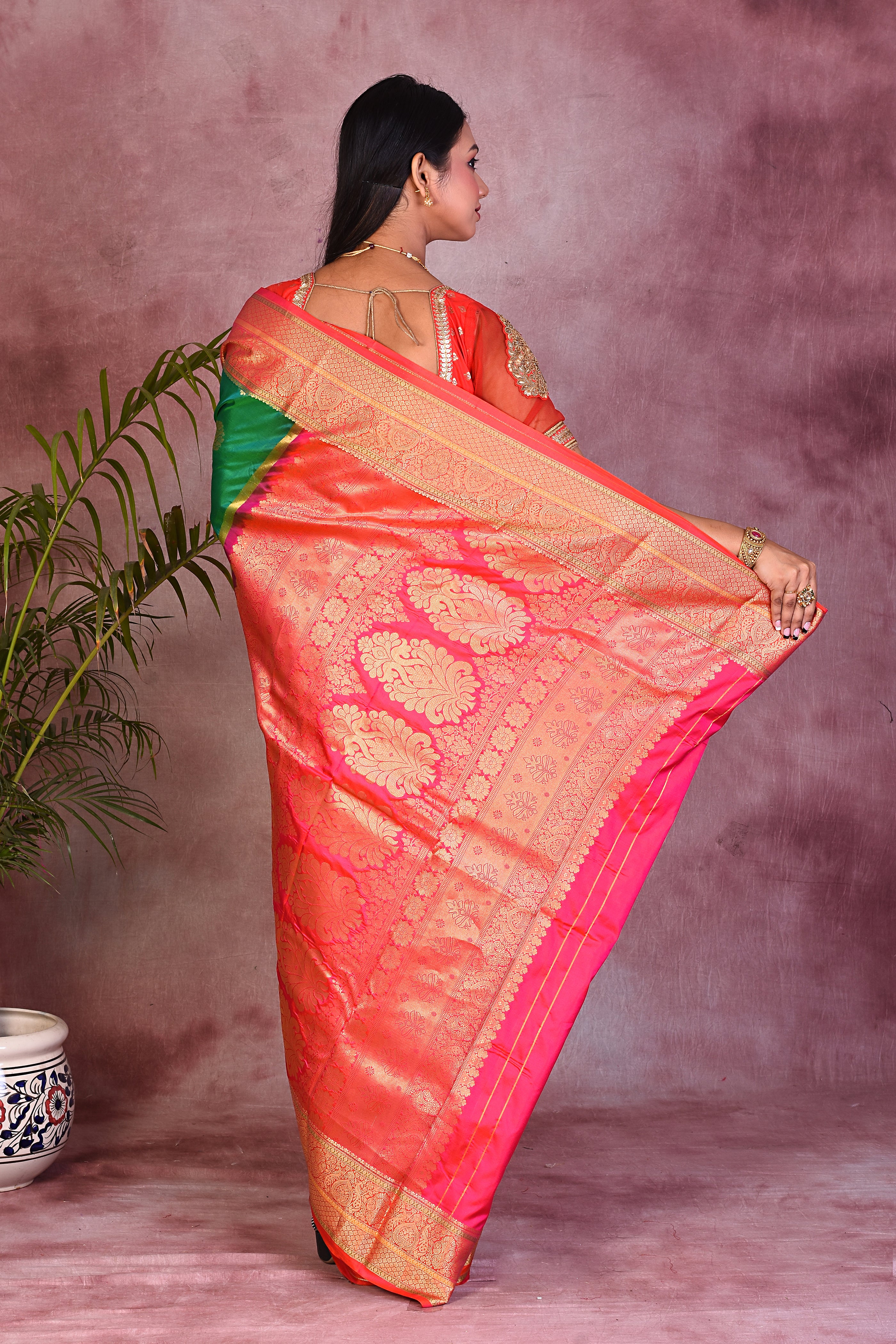 Bottle Green Dual Tone with Red Borders Pure Kanjivaram Saree - Keya Seth Exclusive