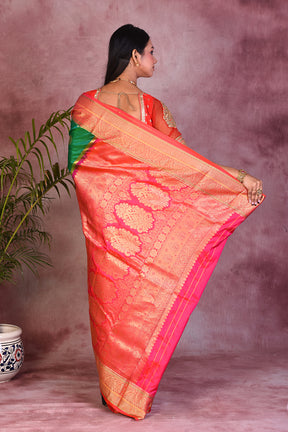 Bottle Green Dual Tone with Red Borders Pure Kanjivaram Saree - Keya Seth Exclusive