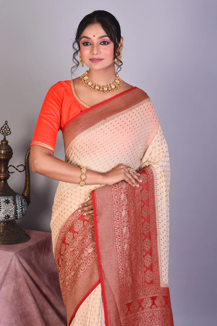 Beige Pure Georgette Khaddi Saree - Keya Seth Exclusive