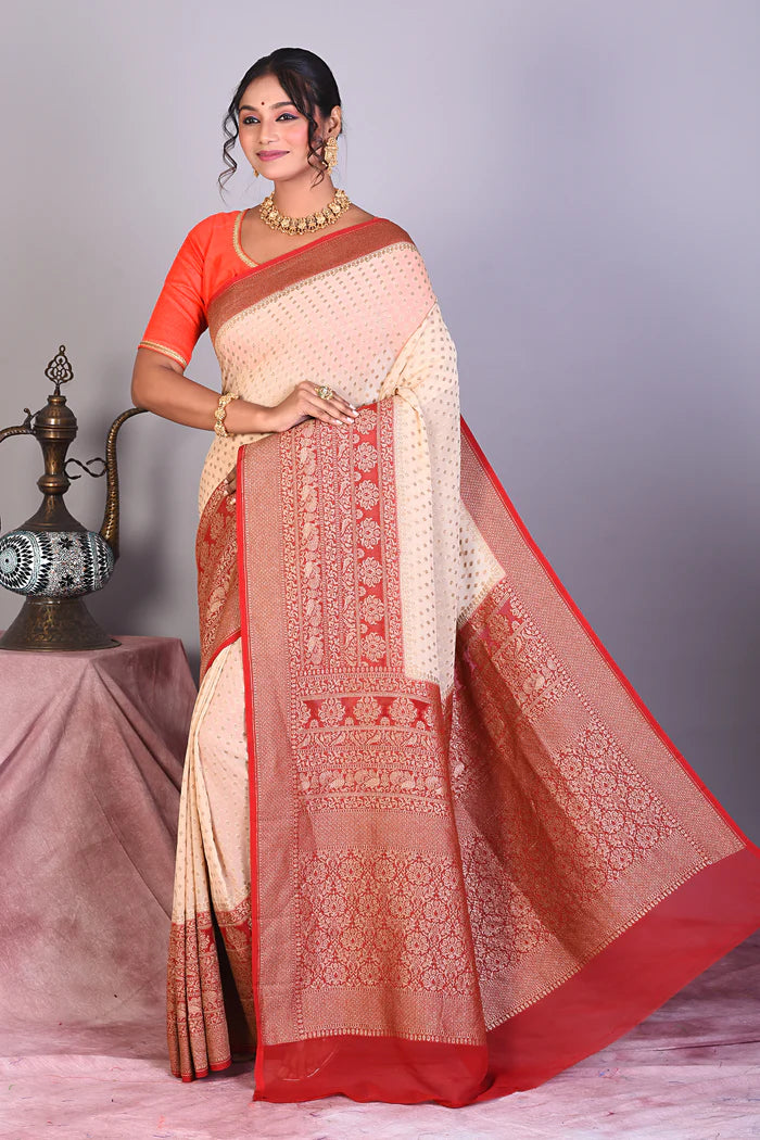 Beige Pure Georgette Khaddi Saree - Keya Seth Exclusive