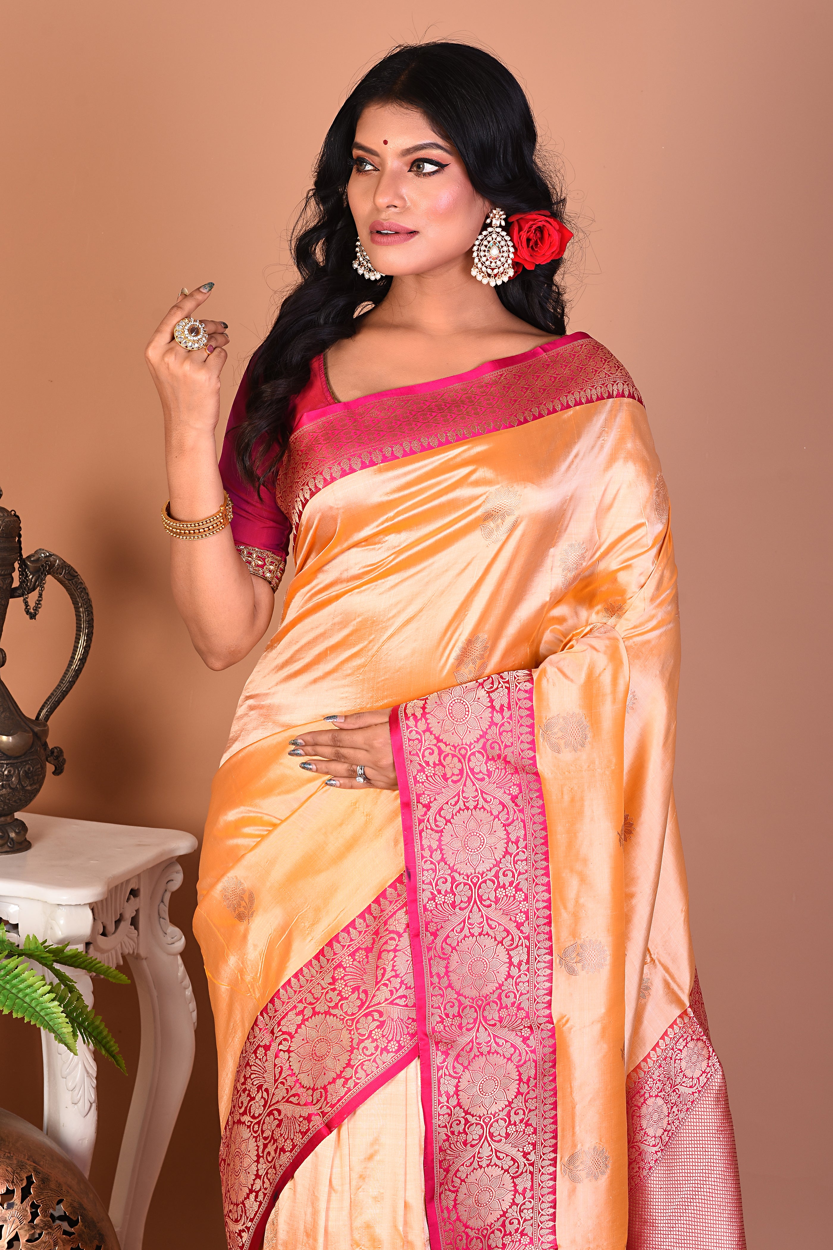 Elegant Light Golden Katan Saree - Keya Seth Exclusive