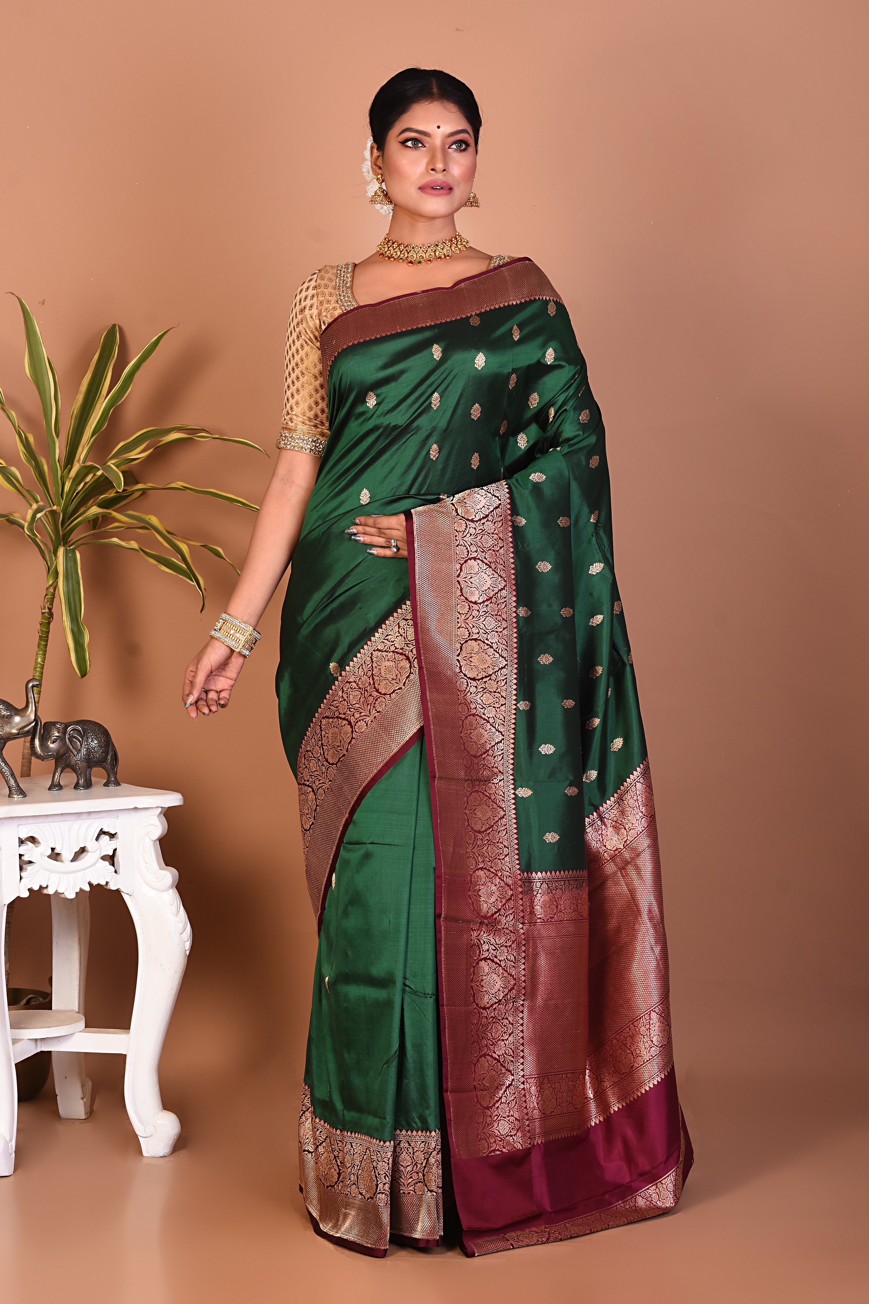 Elegant Deep Green Katan Saree - Keya Seth Exclusive