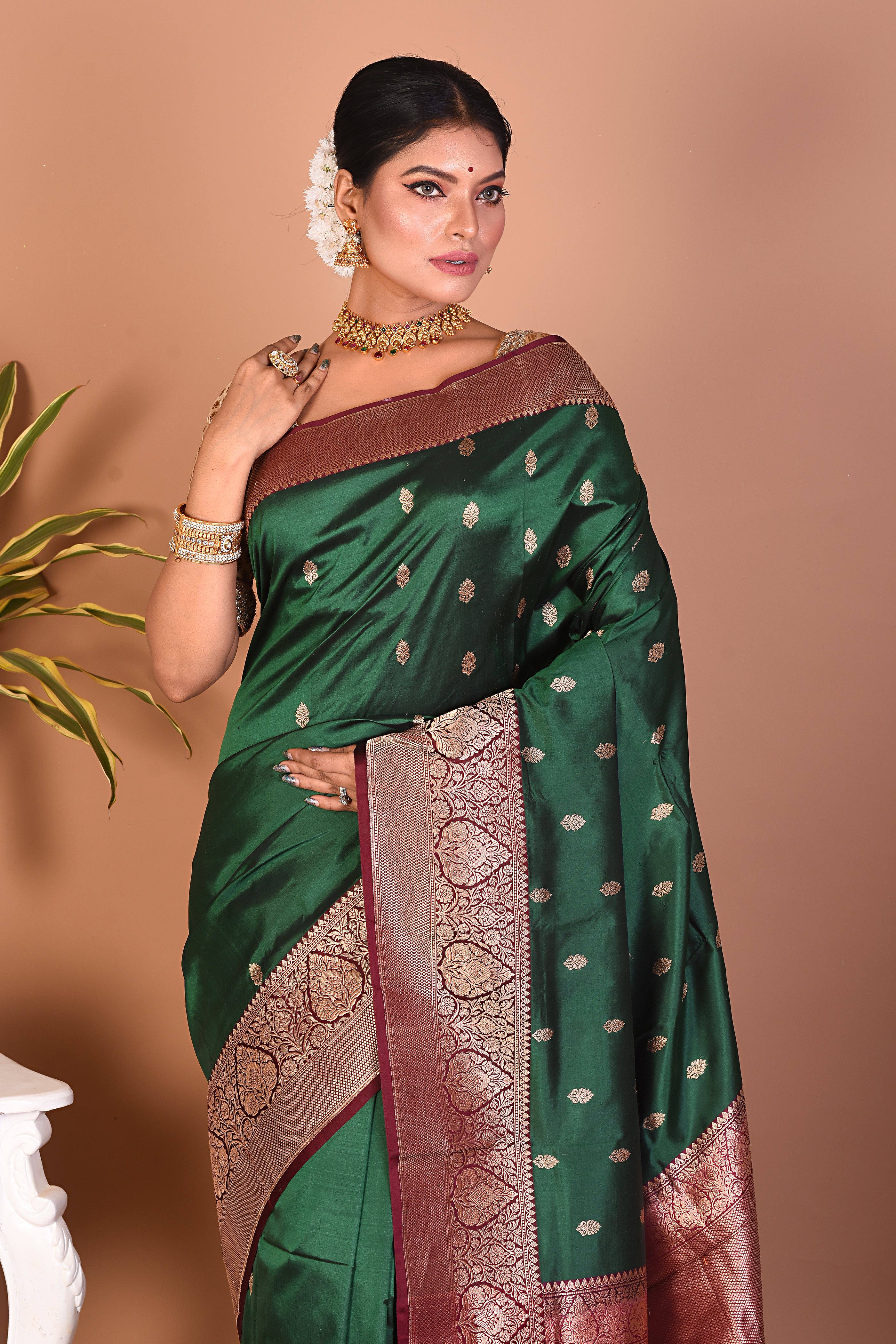 Elegant Deep Green Katan Saree - Keya Seth Exclusive