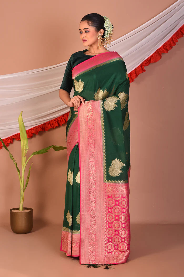 Dark Green Blended Khaddi Saree - Keya Seth Exclusive
