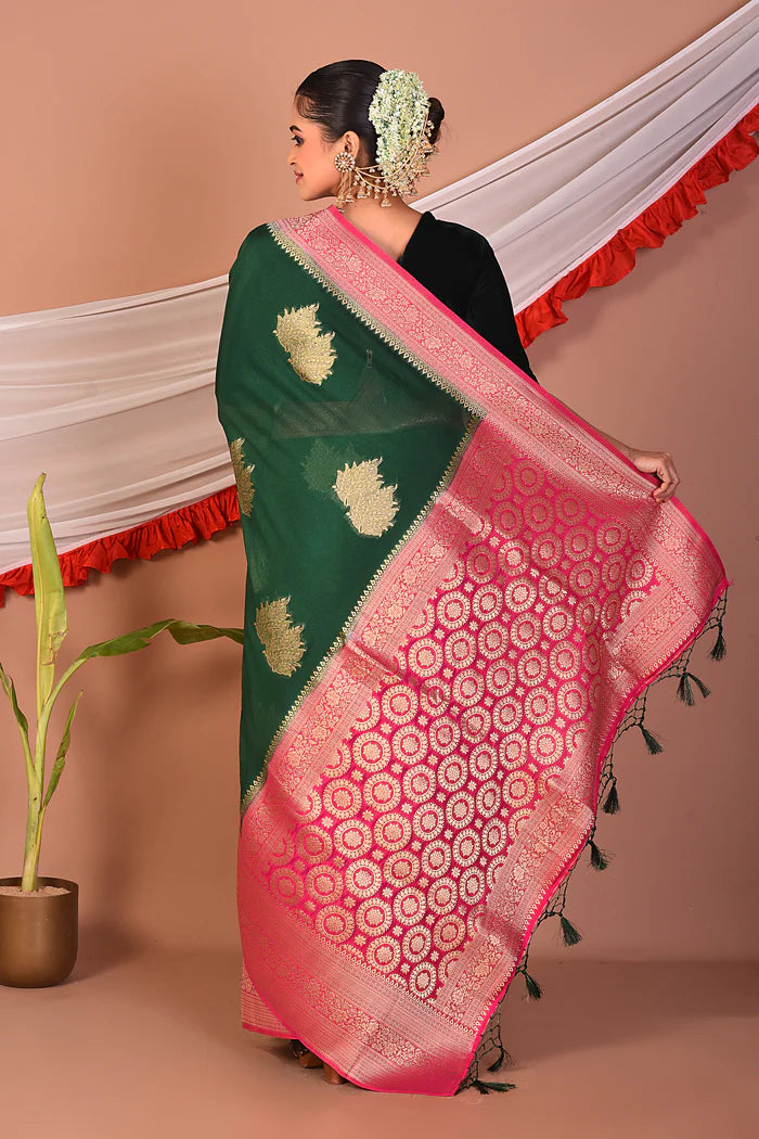 Dark Green Blended Khaddi Saree - Keya Seth Exclusive