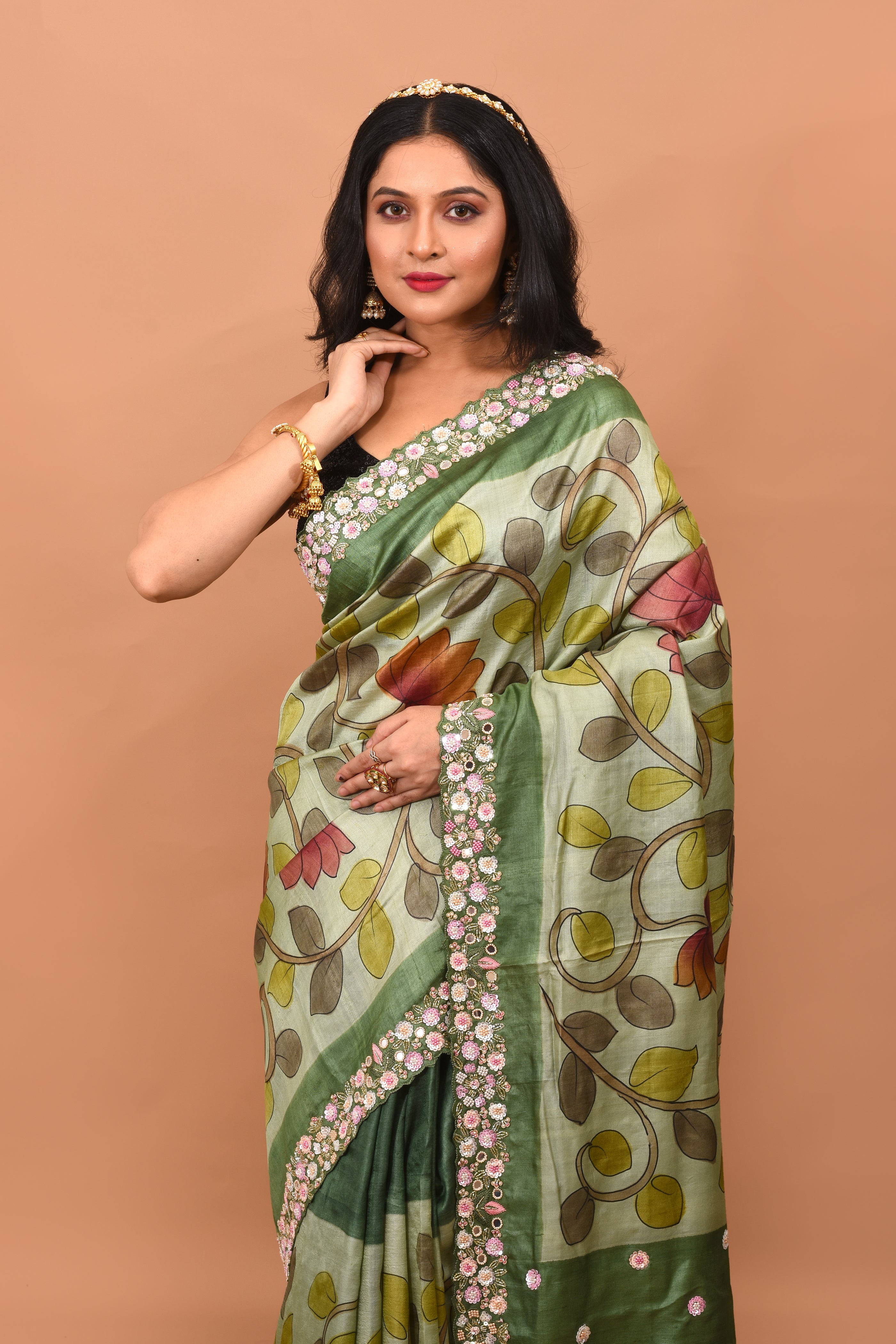 Green Printed Pure Silk Saree - Keya Seth Exclusive