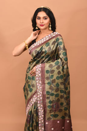 Olive Green Printed Pure Silk Saree - Keya Seth Exclusive