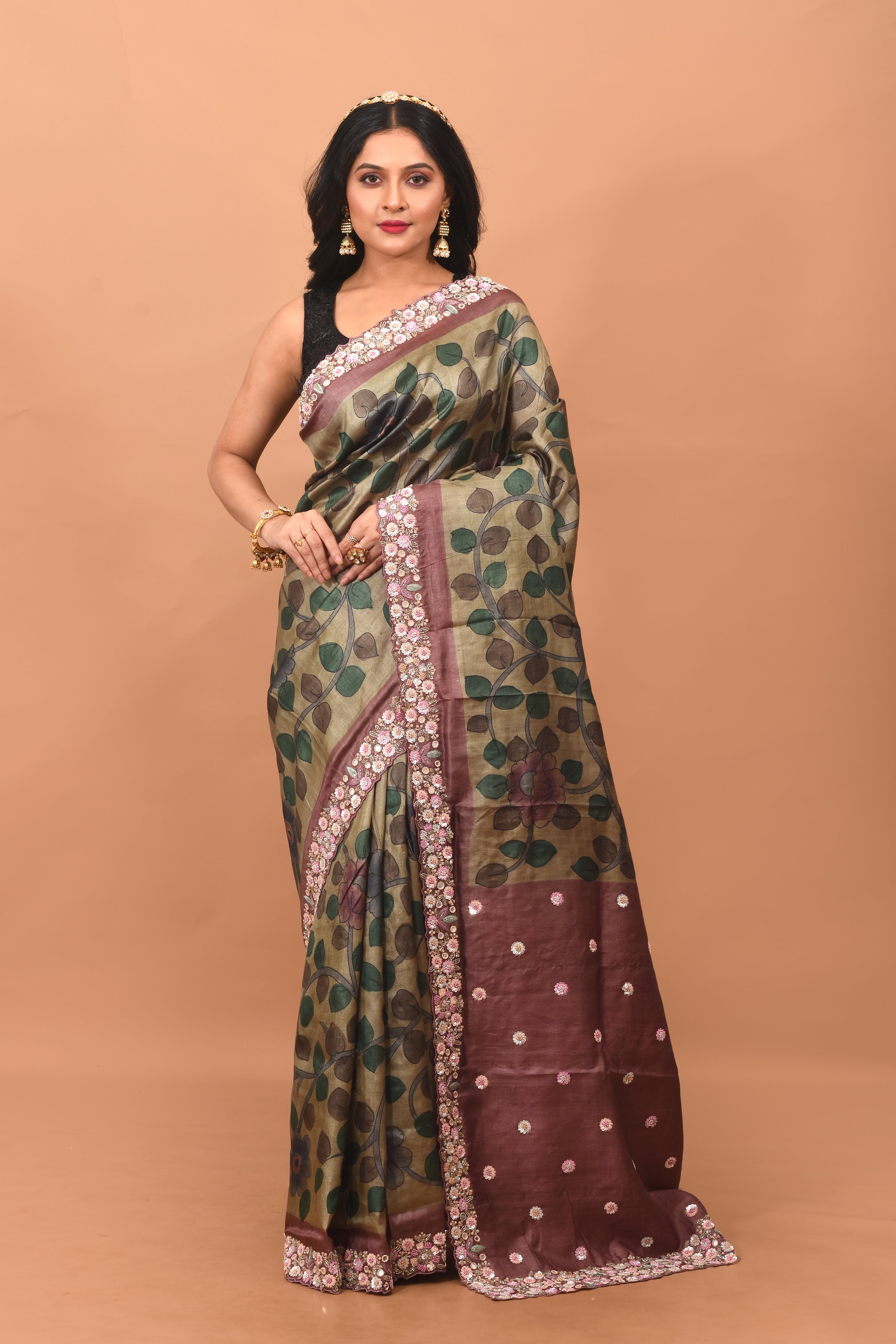 Olive Green Printed Pure Silk Saree - Keya Seth Exclusive