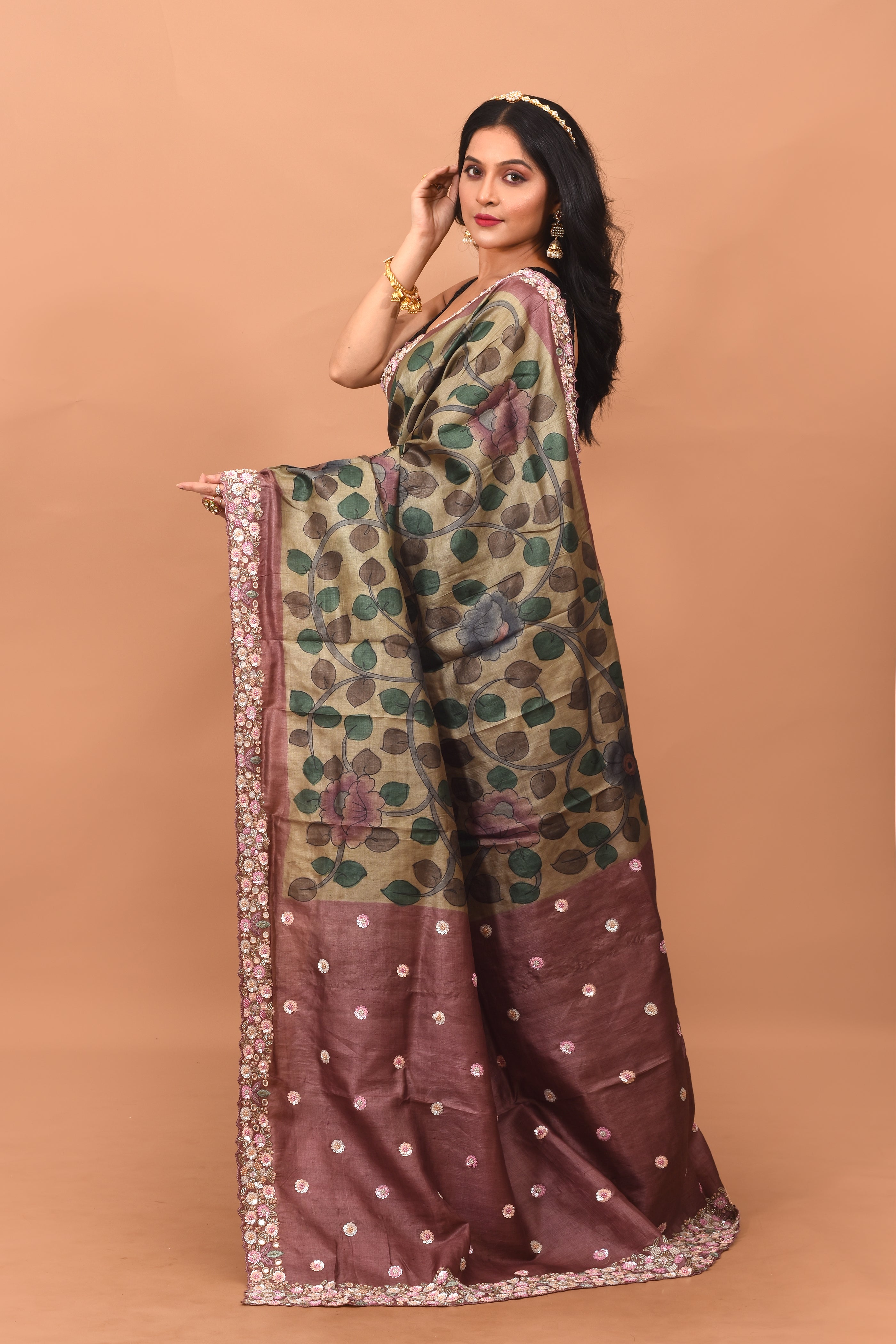 Olive Green Printed Pure Silk Saree - Keya Seth Exclusive