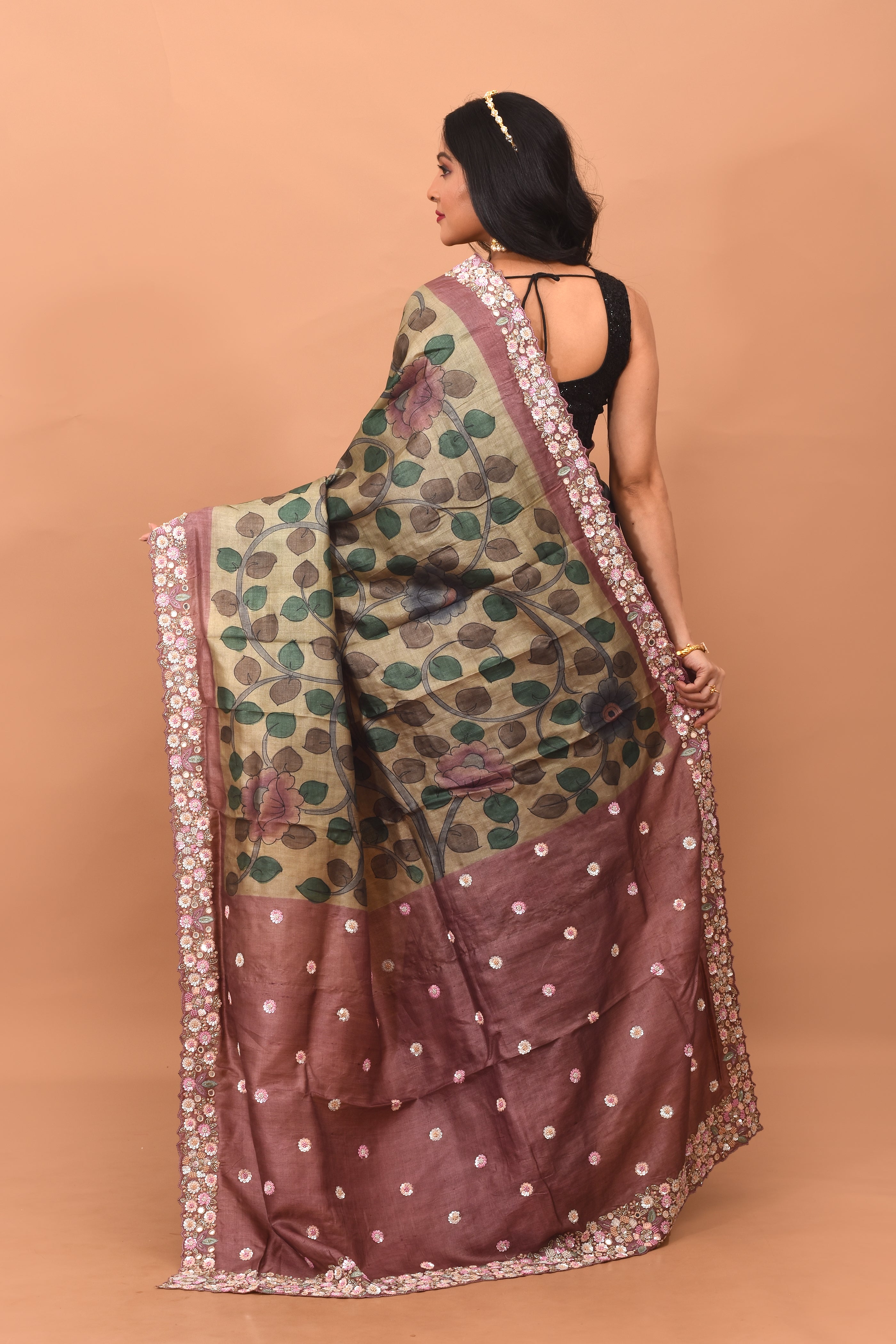 Olive Green Printed Pure Silk Saree - Keya Seth Exclusive