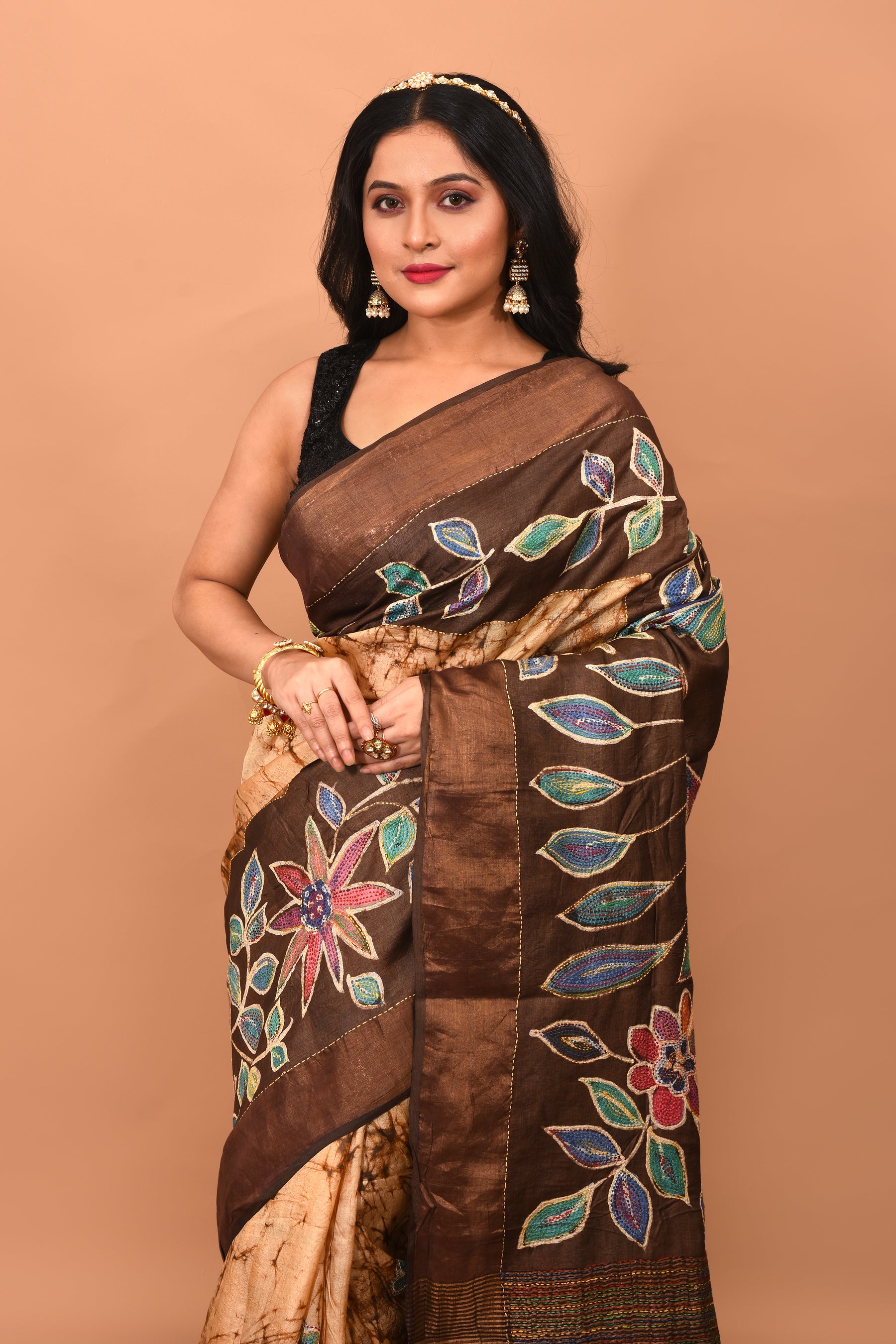 Off-white Batik Printed  Pure Silk Saree - Keya Seth Exclusive