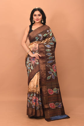 Off-white Batik Printed  Pure Silk Saree - Keya Seth Exclusive