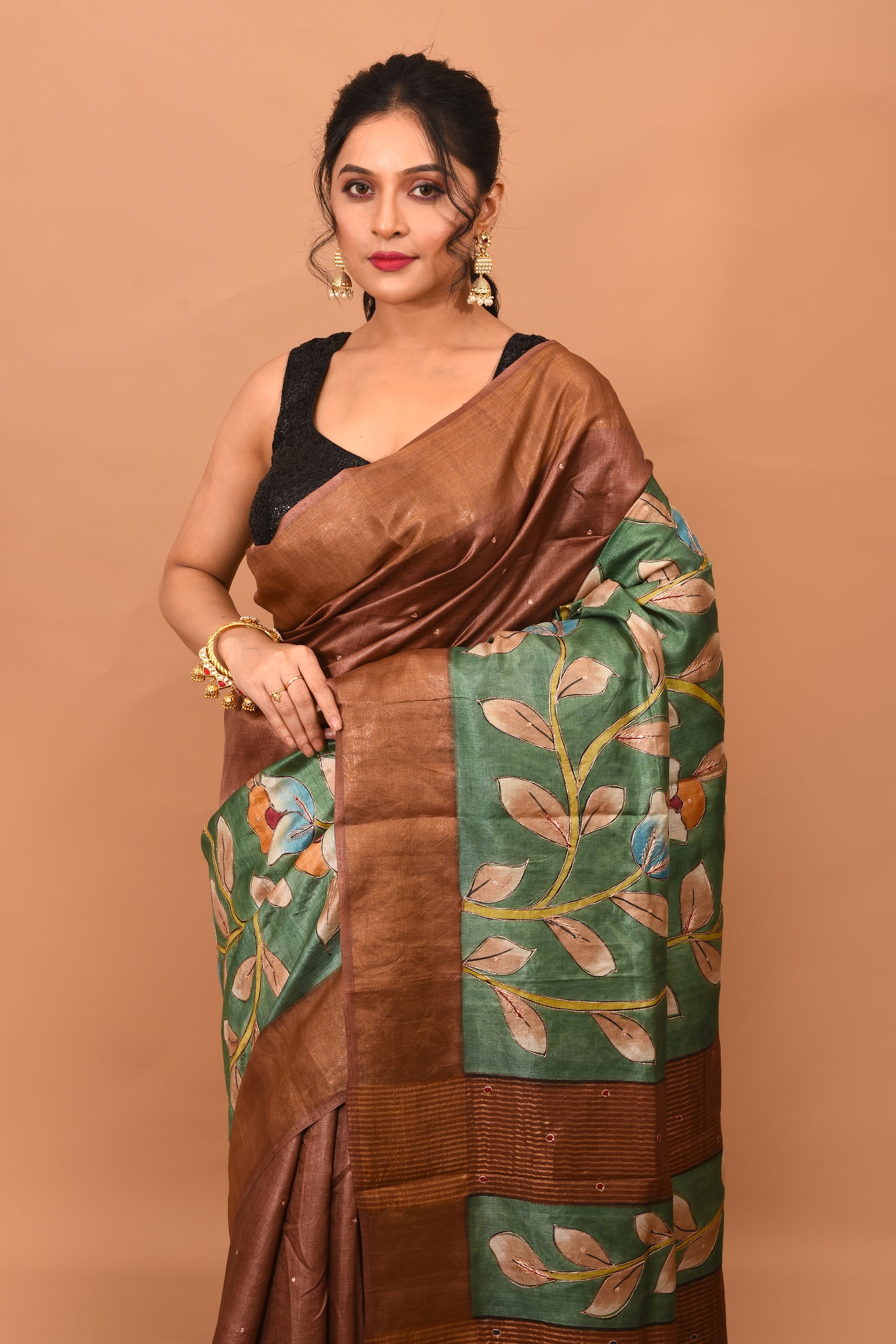 Copper Brown Printed Pure Silk Saree - Keya Seth Exclusive