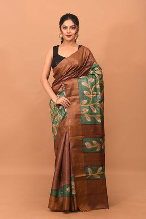 Copper Brown Printed Pure Silk Saree - Keya Seth Exclusive