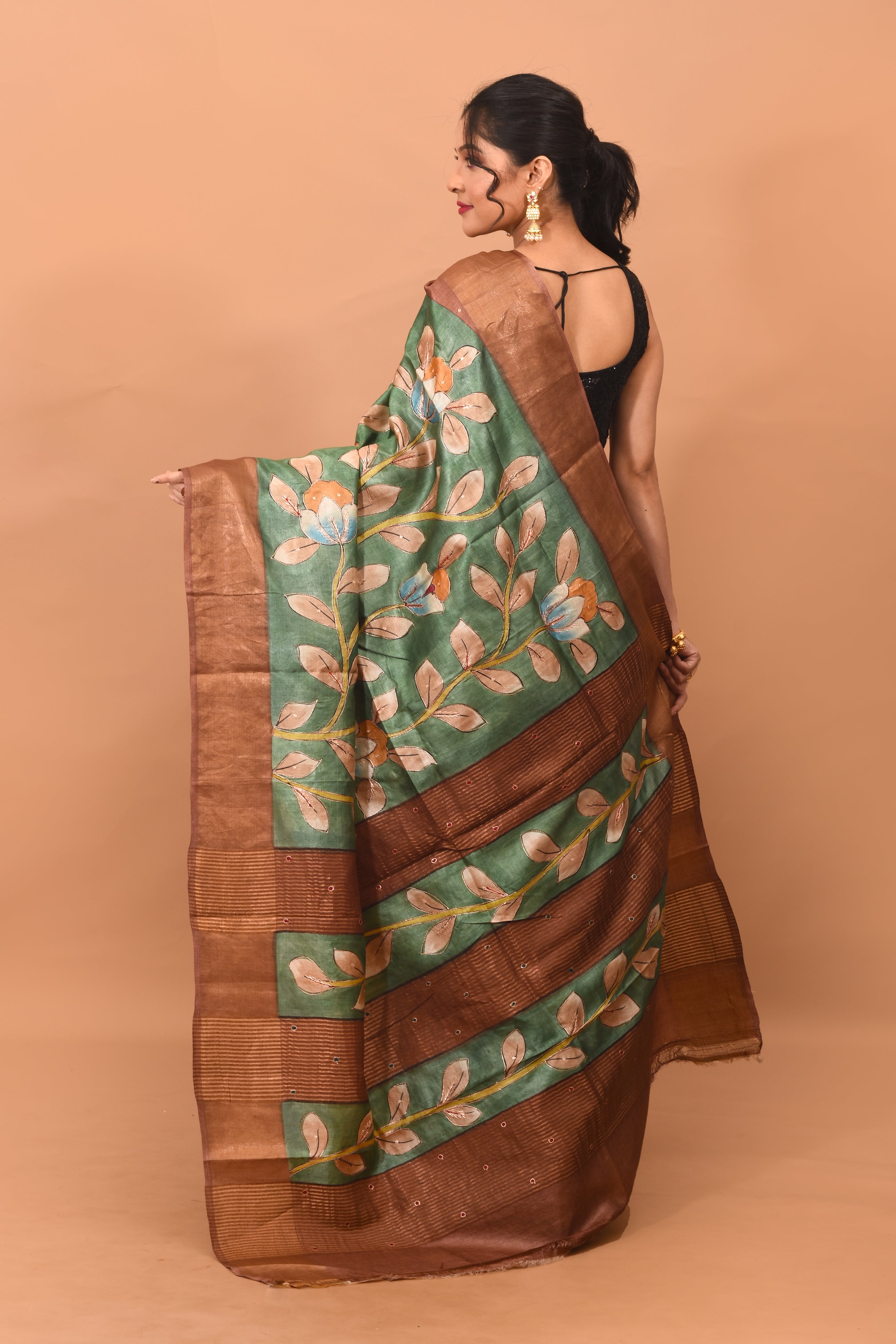 Copper Brown Printed Pure Silk Saree - Keya Seth Exclusive