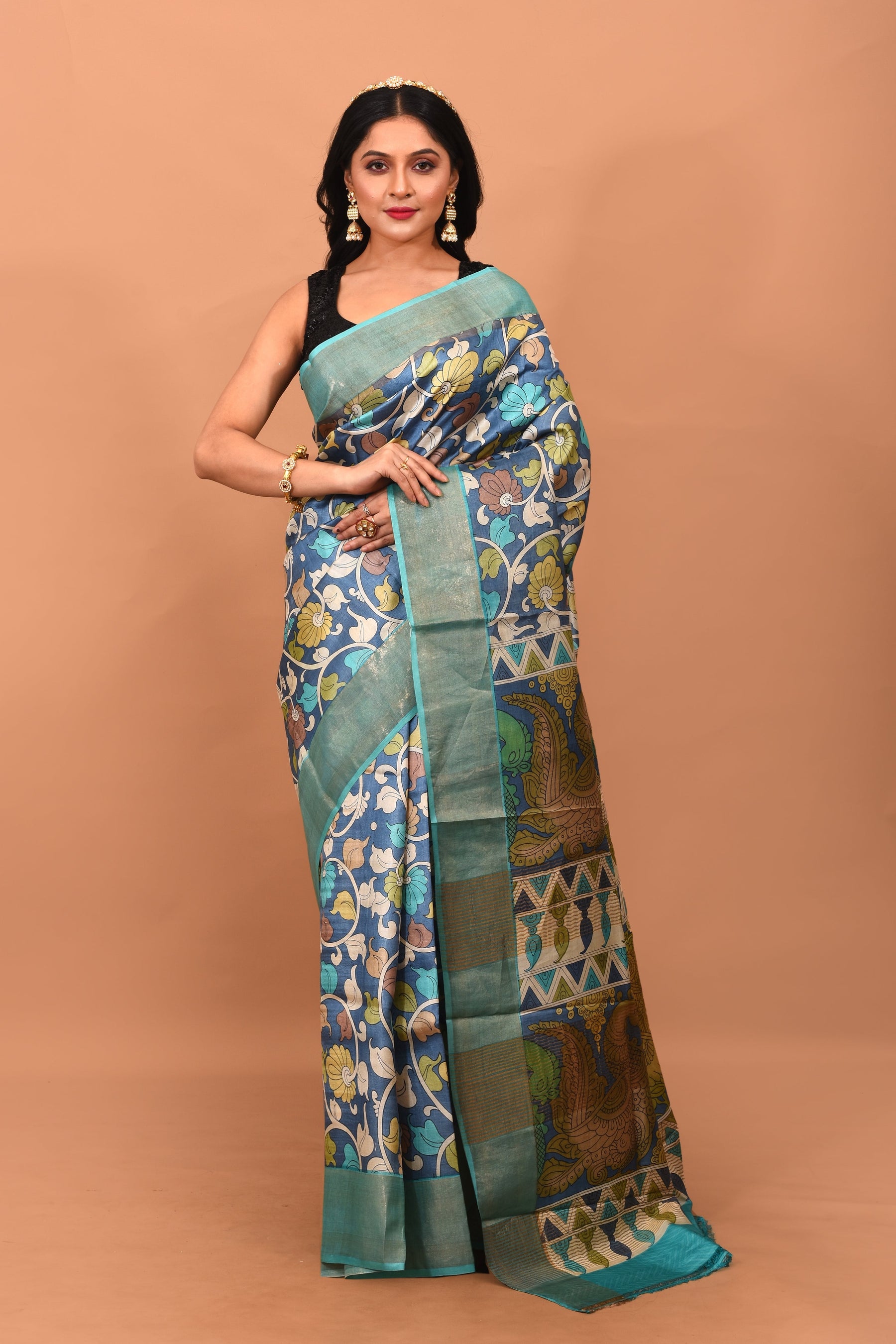 Light Blue Viscose Printed Silk Saree - Keya Seth Exclusive