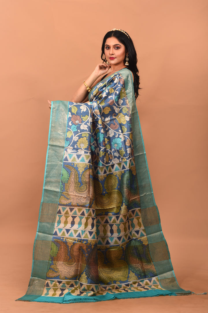 Light Blue Viscose Printed Silk Saree - Keya Seth Exclusive