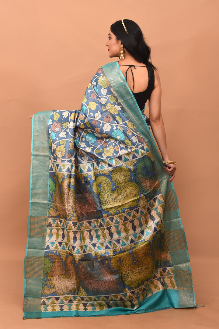 Light Blue Viscose Printed Silk Saree - Keya Seth Exclusive