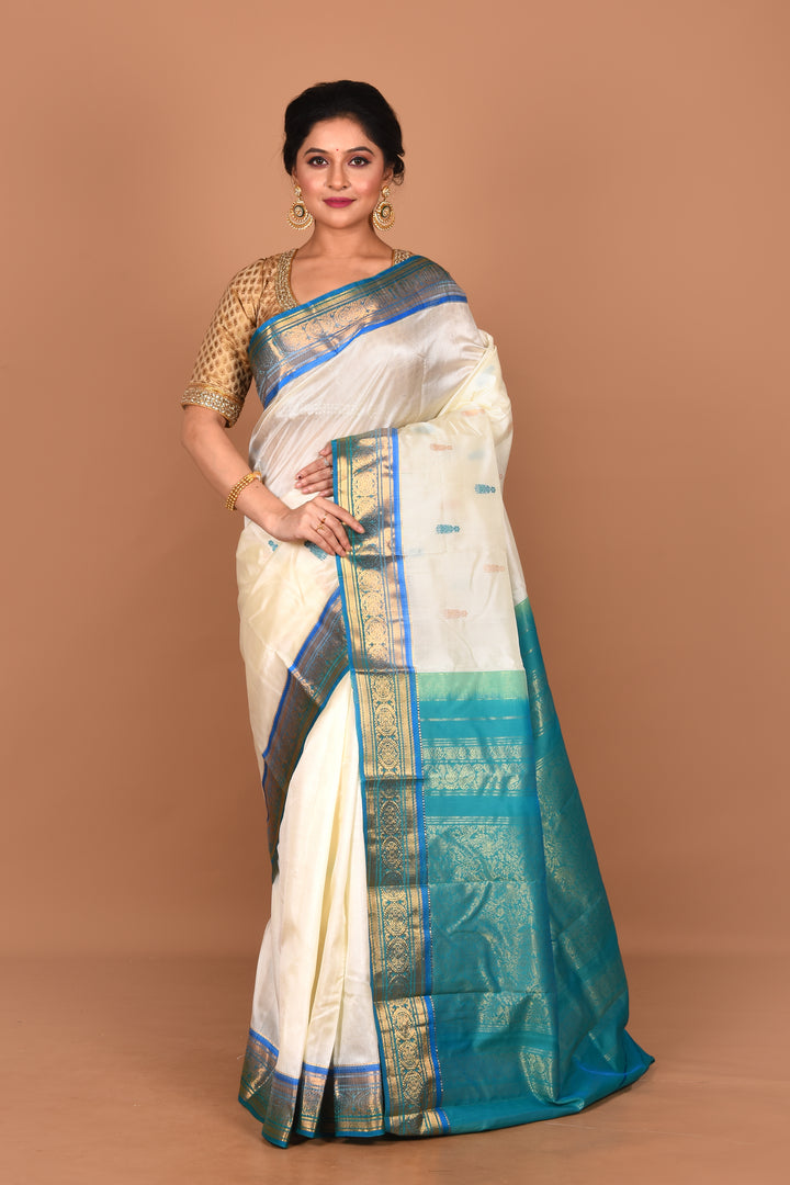 Offwhite and Light Blue Pure Kanjivaram Saree - Keya Seth Exclusive