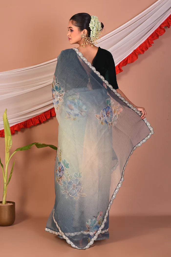 Designer Grey Blended Organza Saree - Keya Seth Exclusive