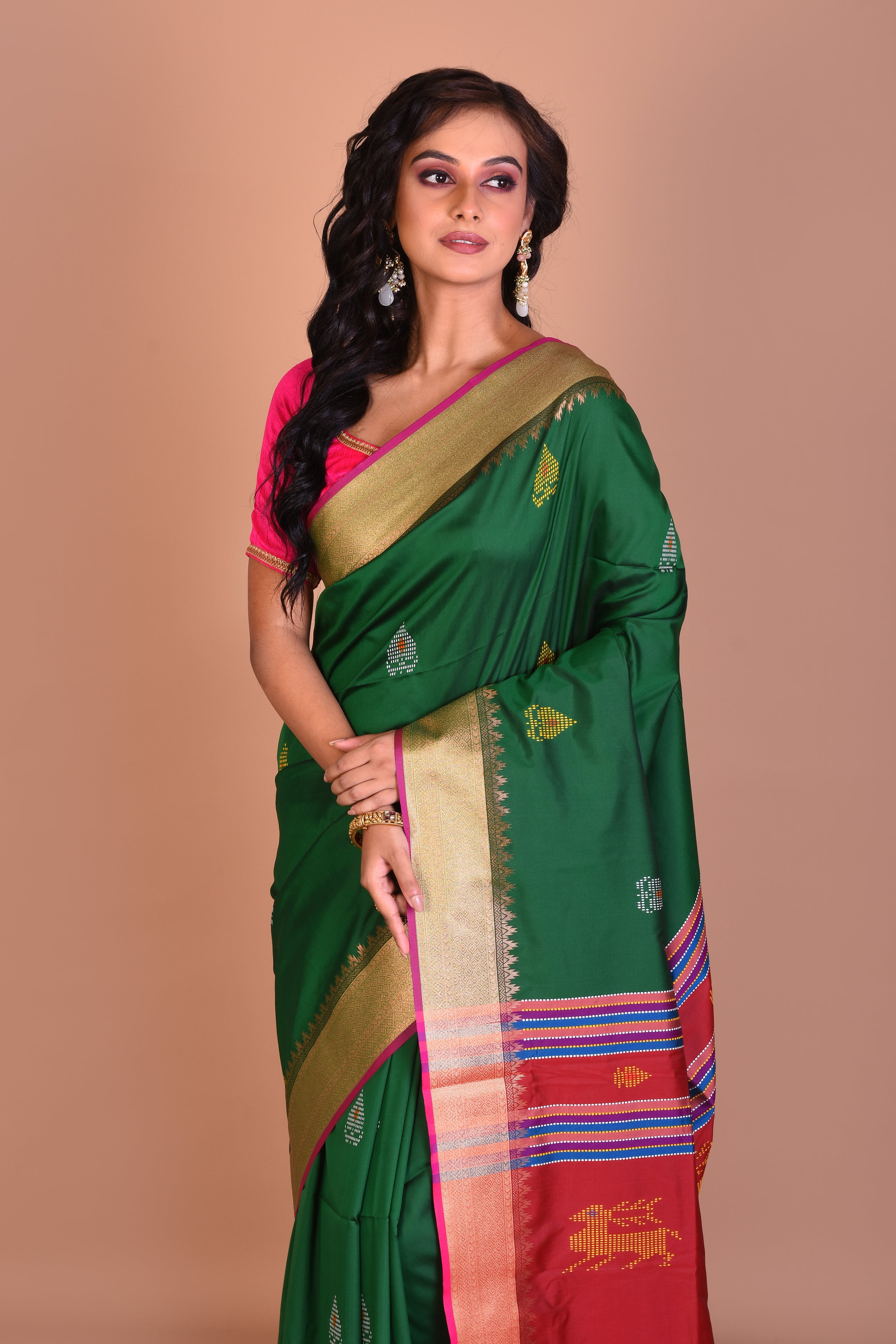 Dark Green Blended Silk Saree with Blouse Piece - Keya Seth Exclusive