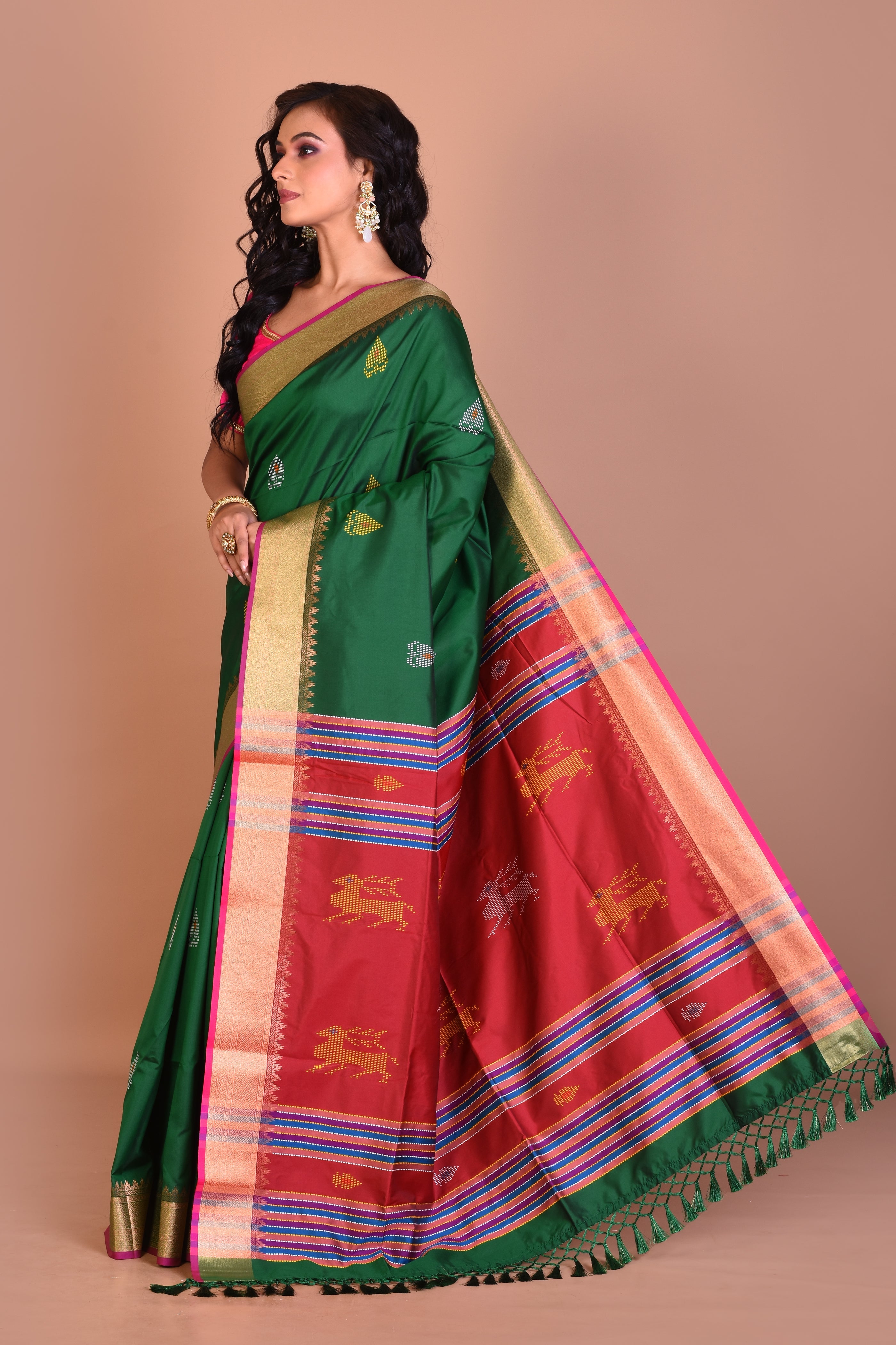 Dark Green Blended Silk Saree with Blouse Piece - Keya Seth Exclusive