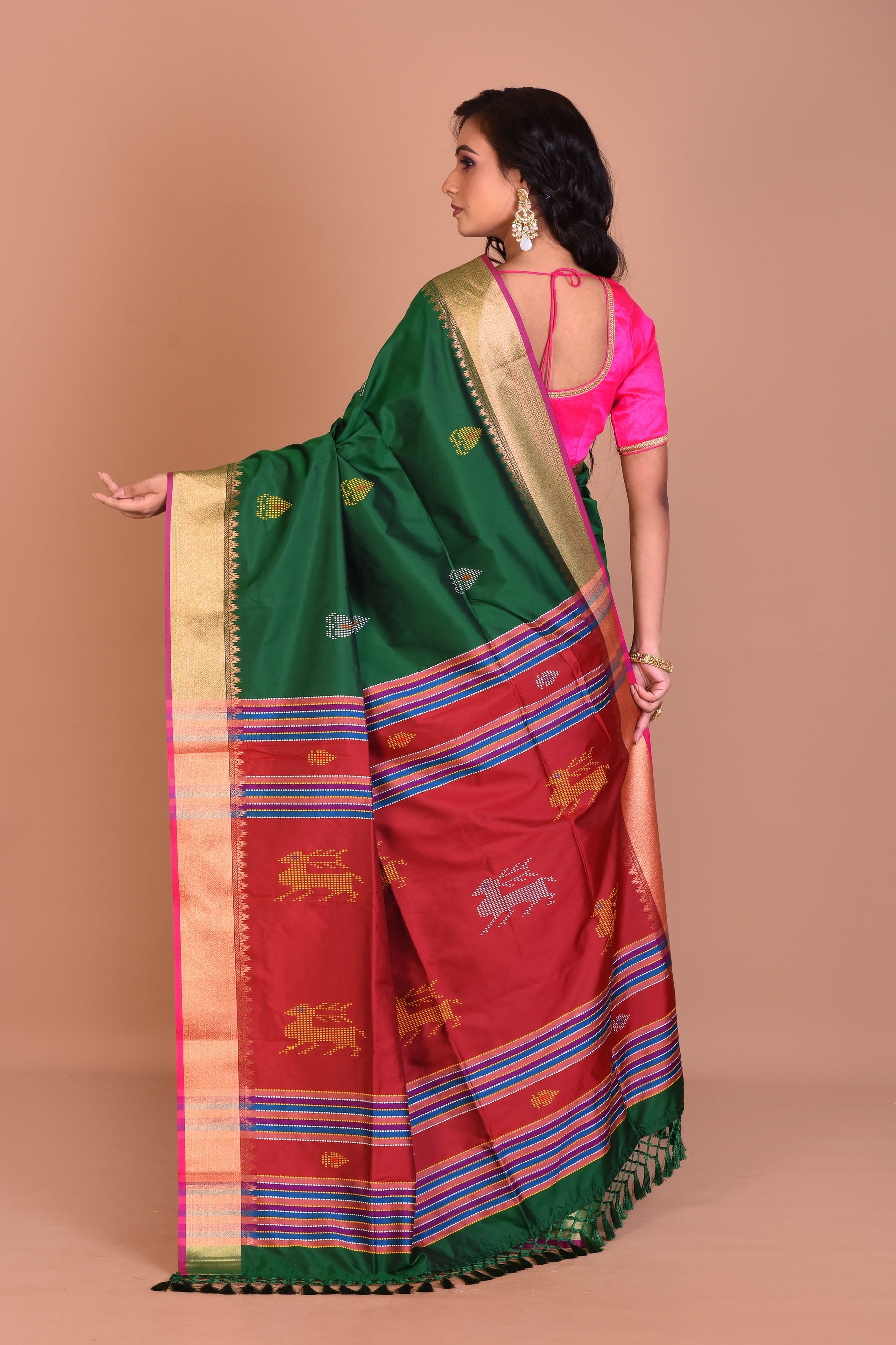 Dark Green Blended Silk Saree with Blouse Piece - Keya Seth Exclusive