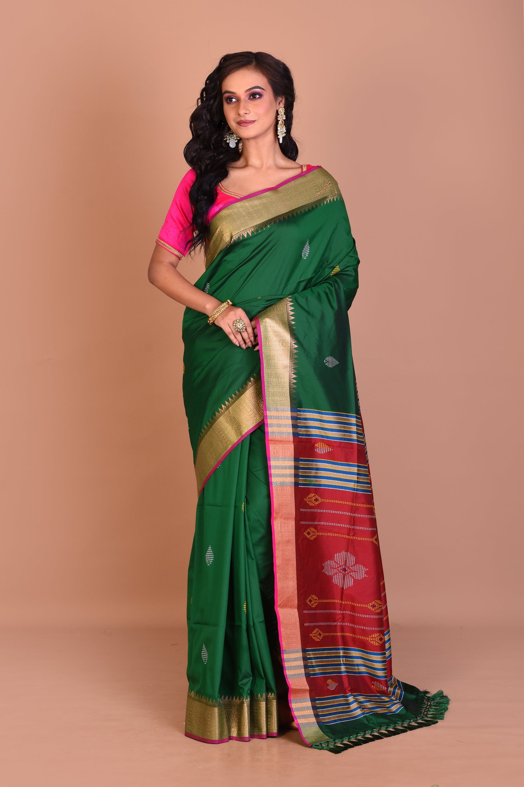 Dark Green Blended Silk Saree with Blouse Piece - Keya Seth Exclusive