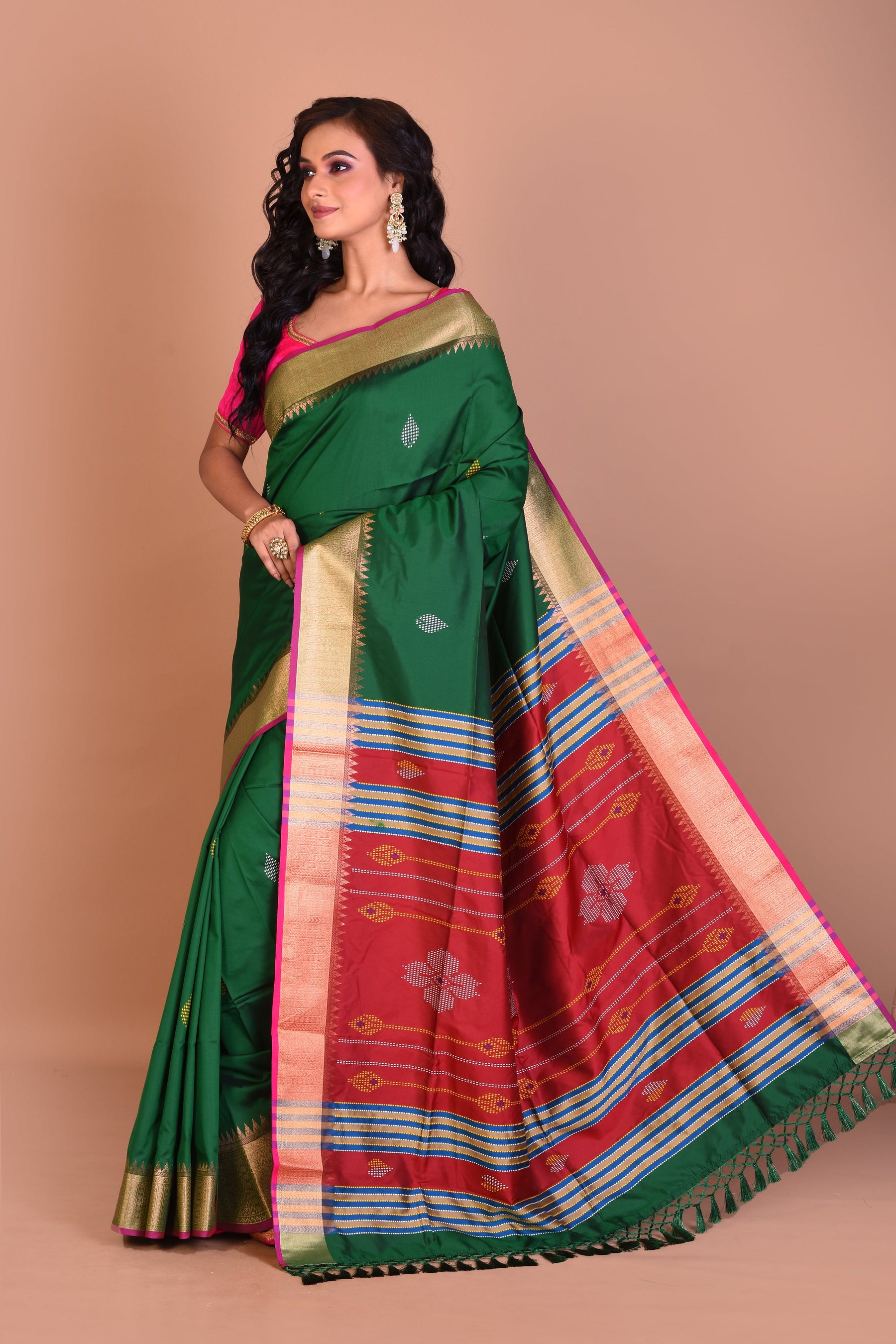 Dark Green Blended Silk Saree with Blouse Piece - Keya Seth Exclusive