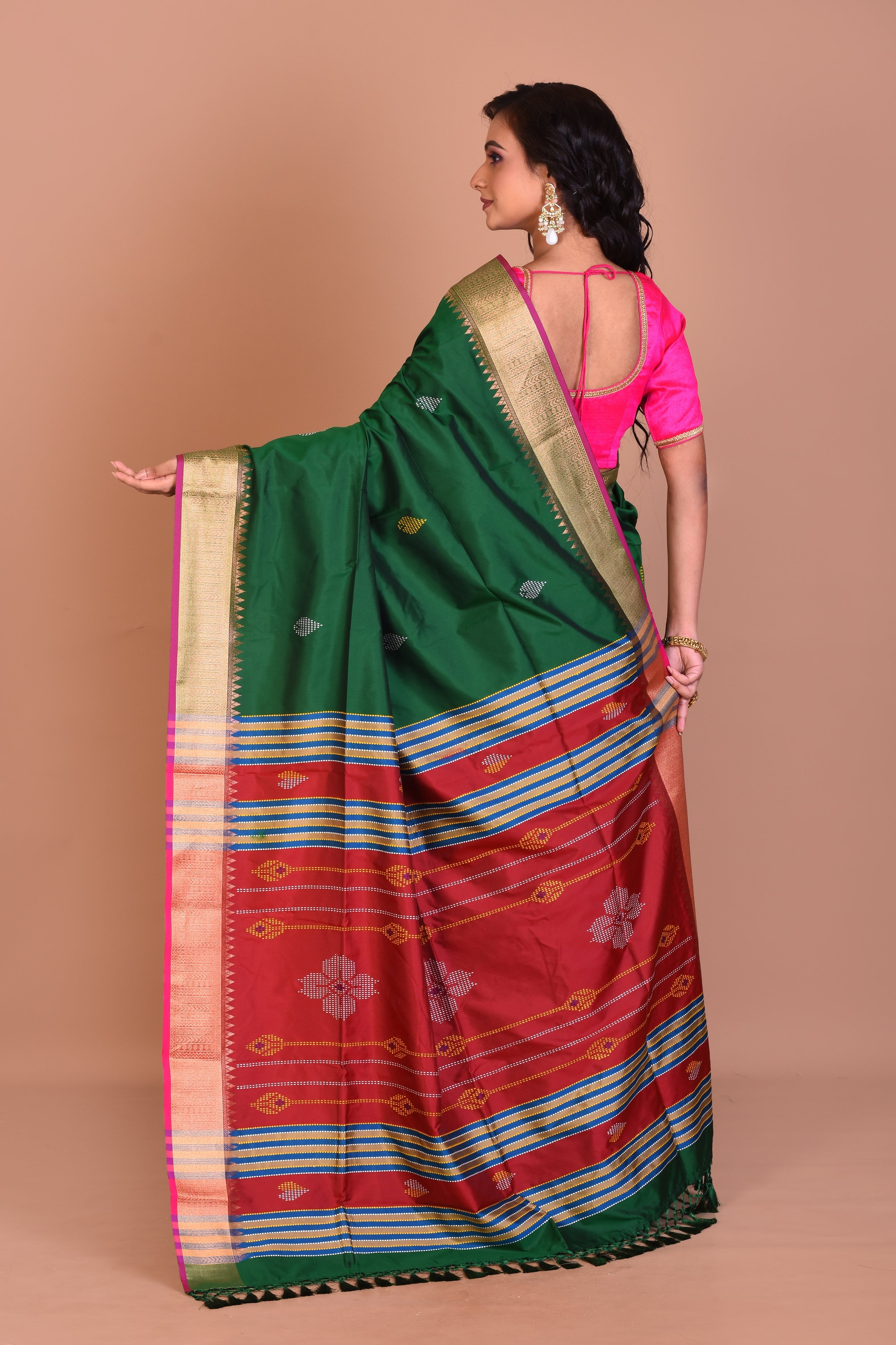 Dark Green Blended Silk Saree with Blouse Piece - Keya Seth Exclusive