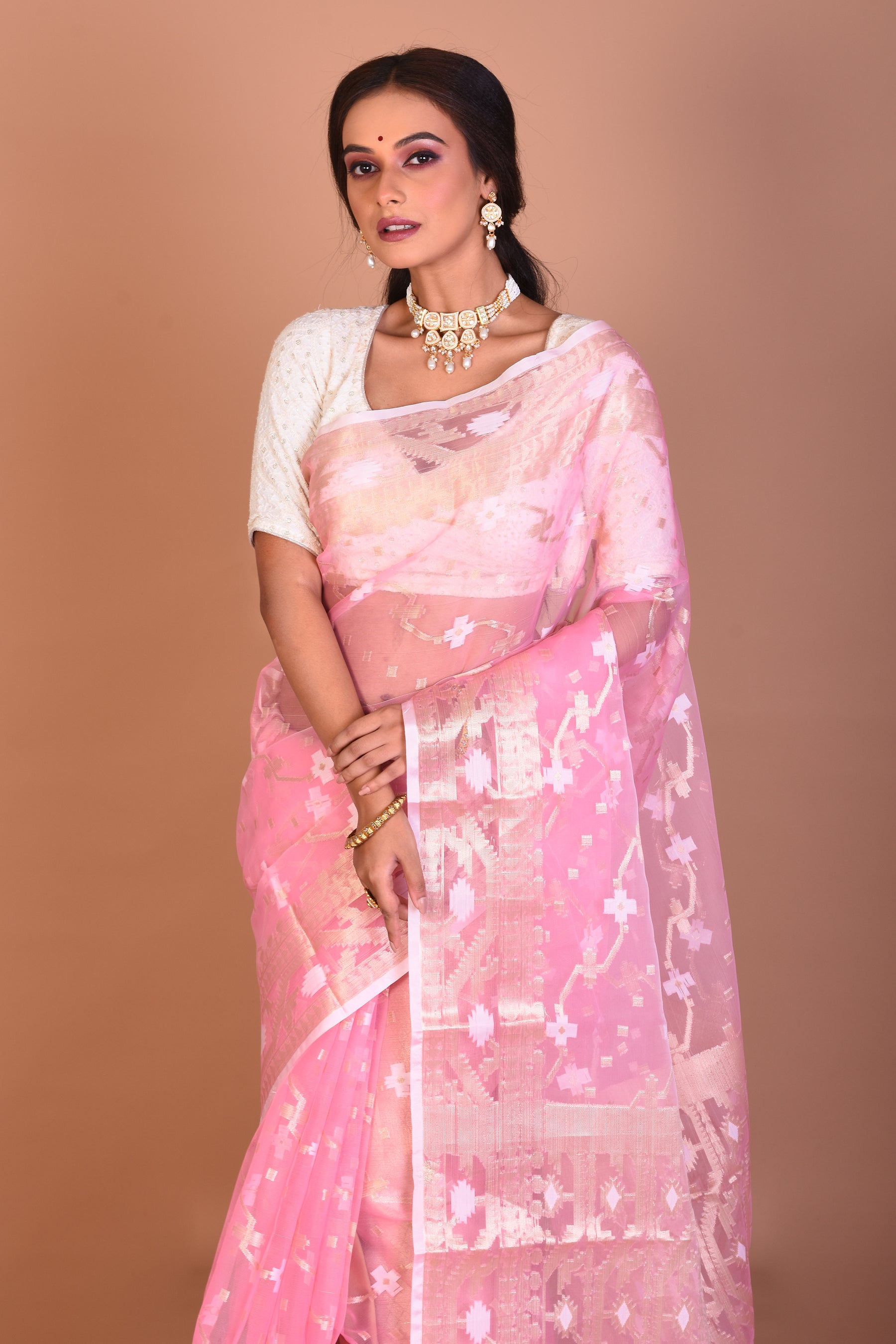 Pink Blended Organza Saree with Blouse Piece - Keya Seth Exclusive