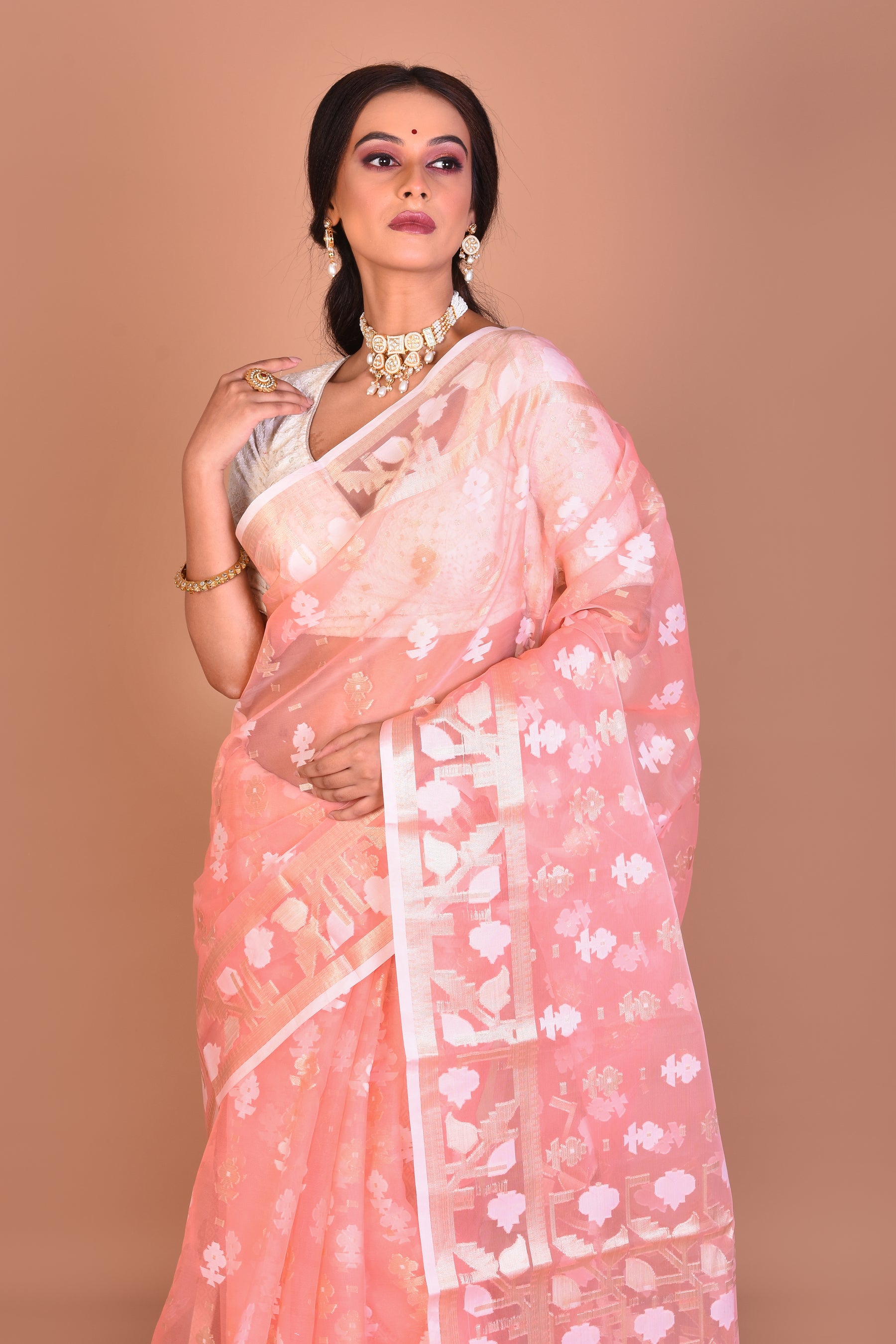 Peach Blended Organza Saree with Blouse Piece - Keya Seth Exclusive