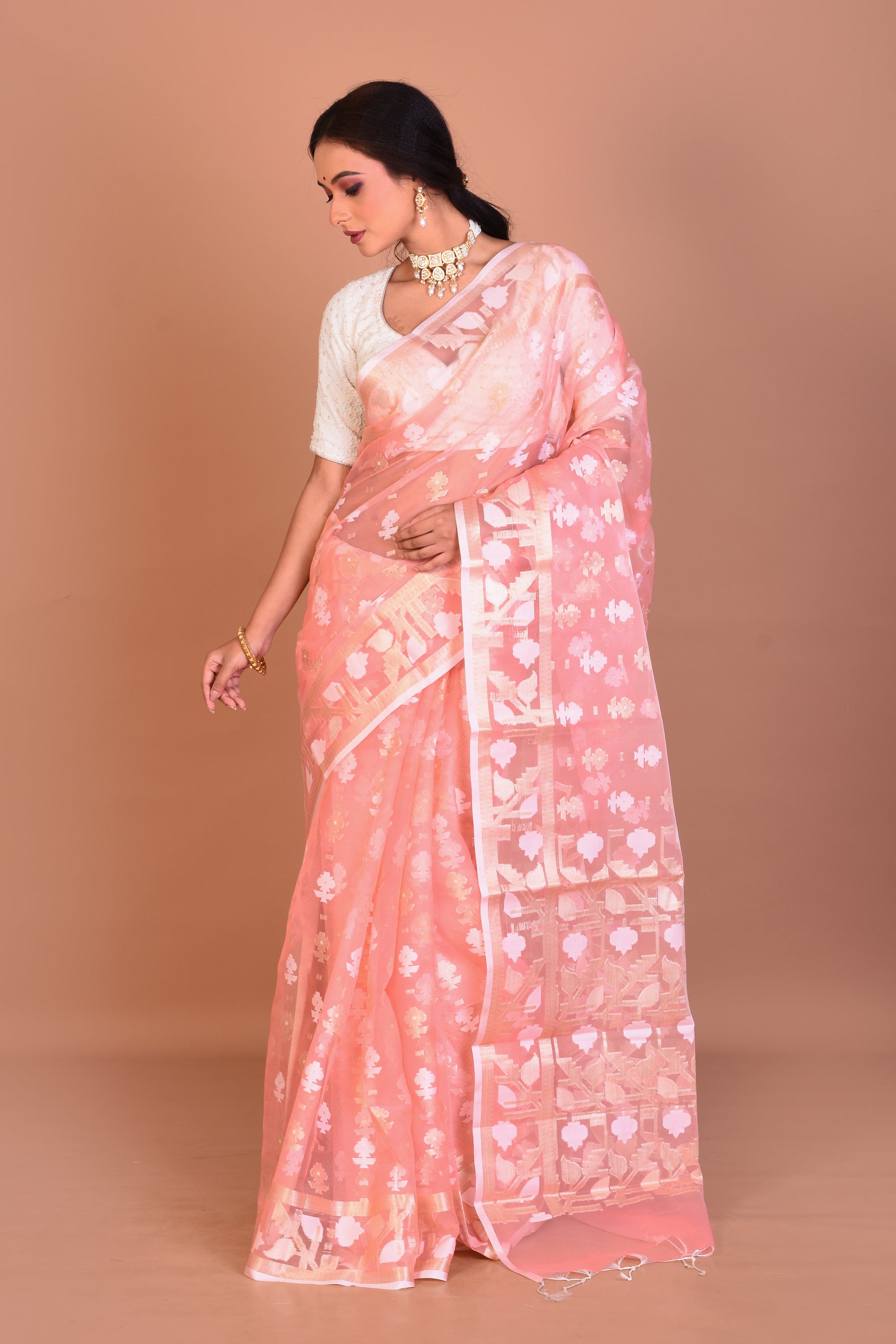 Peach Blended Organza Saree with Blouse Piece - Keya Seth Exclusive